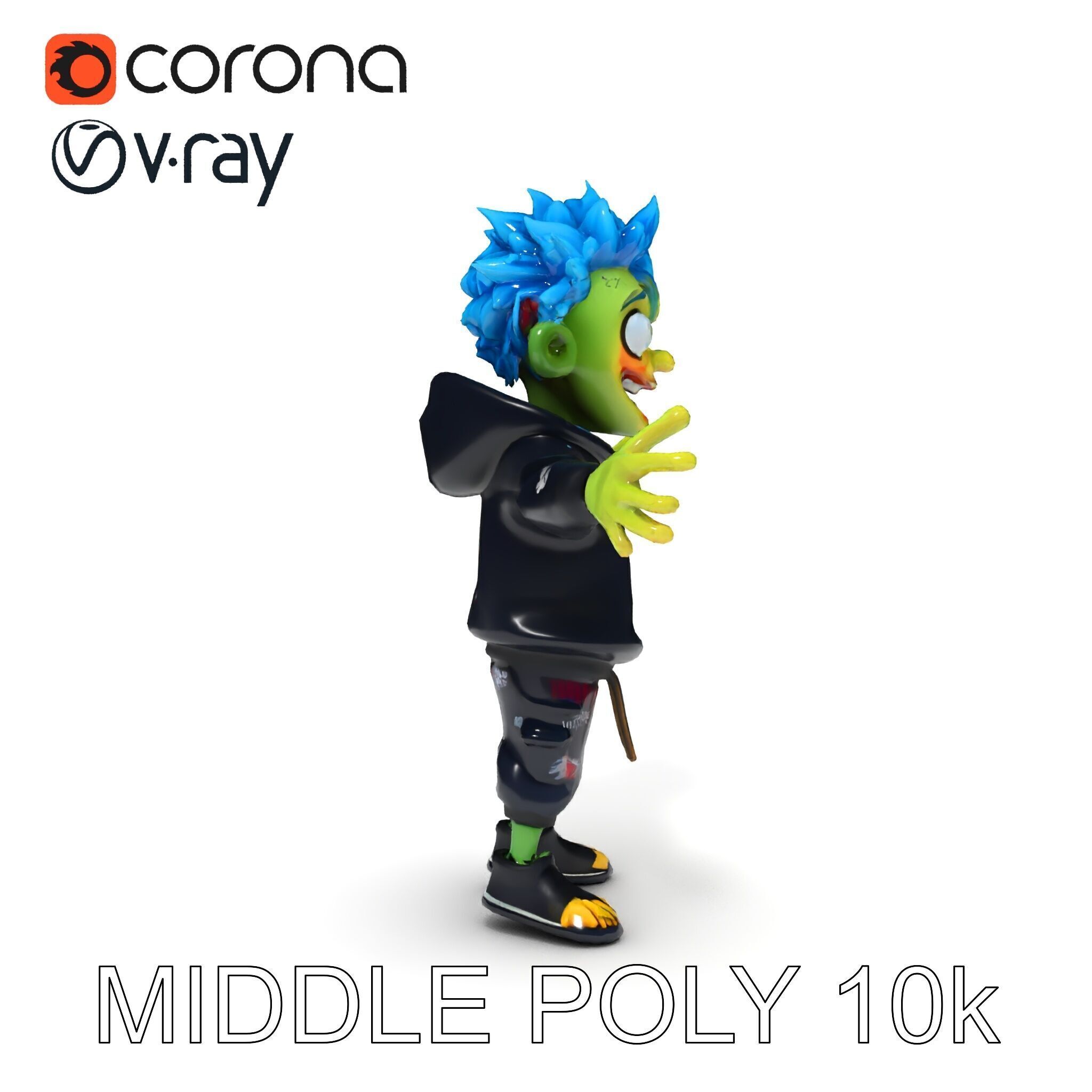 Zany Zombie Character with Blue Hair in Casual Attire Low-poly 3D model_35