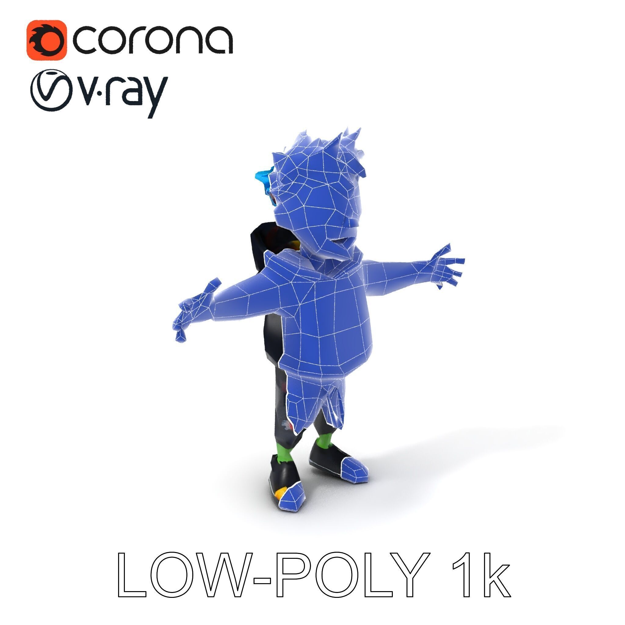 Zany Zombie Character with Blue Hair in Casual Attire Low-poly 3D model_24