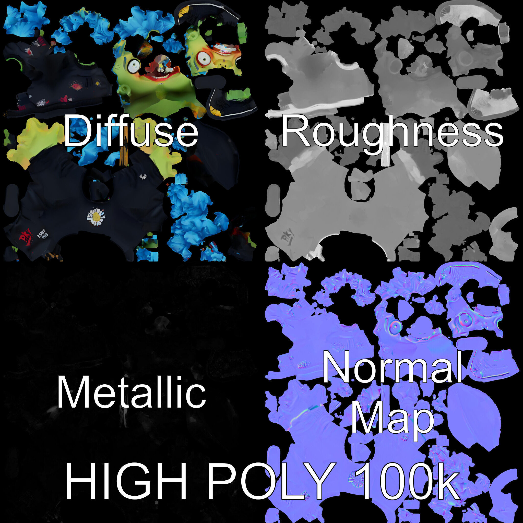 Zany Zombie Character with Blue Hair in Casual Attire Low-poly 3D model_2