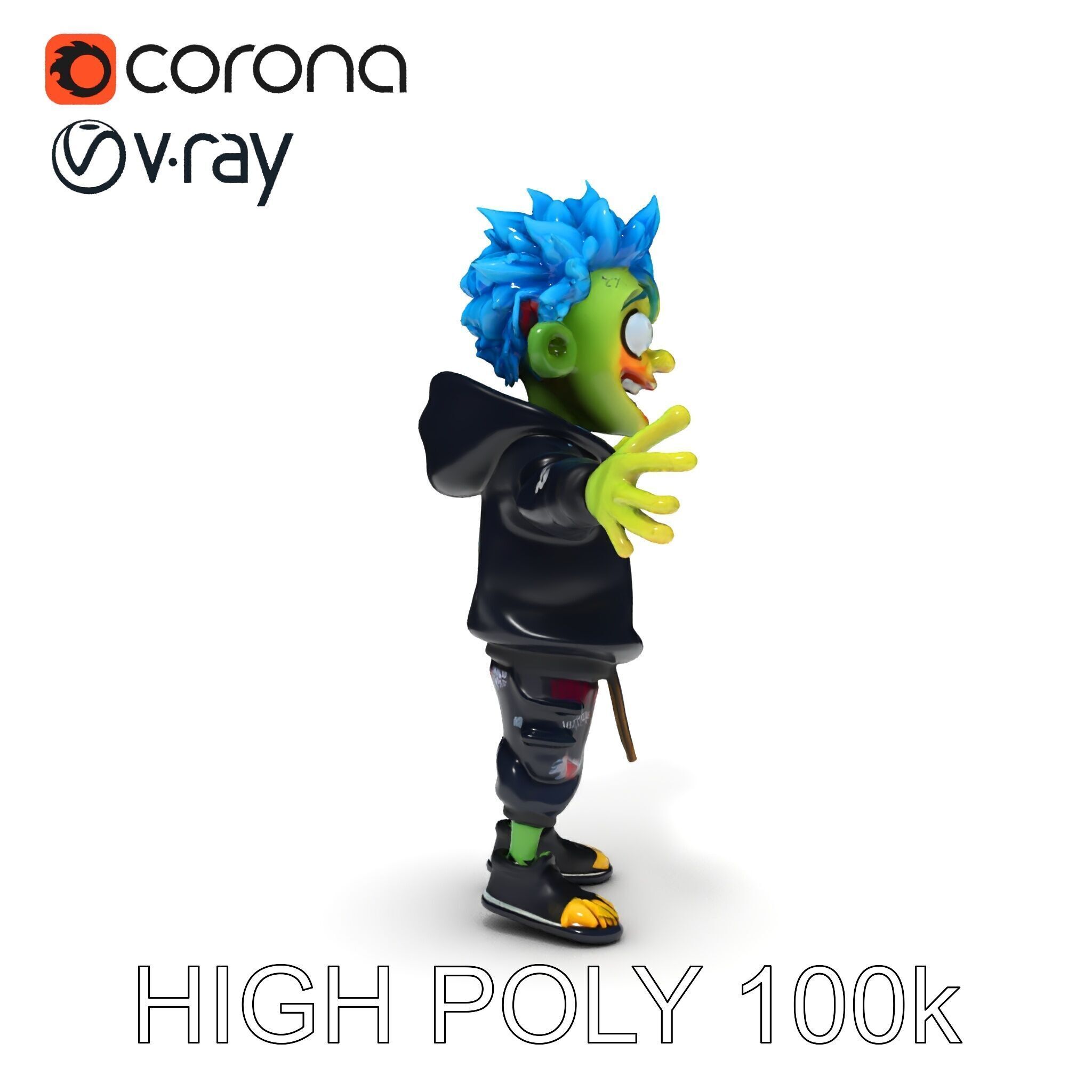 Zany Zombie Character with Blue Hair in Casual Attire Low-poly 3D model_28