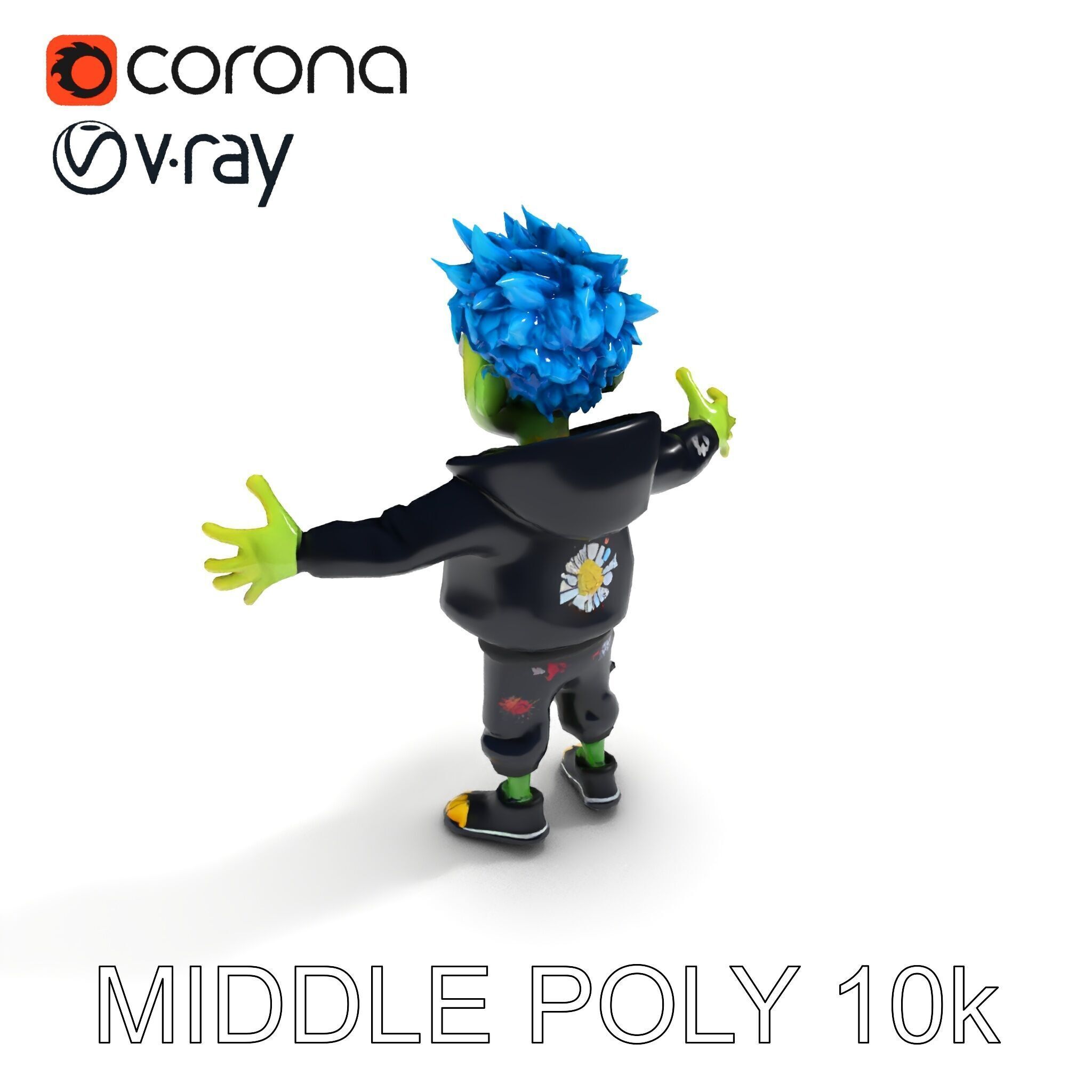 Zany Zombie Character with Blue Hair in Casual Attire Low-poly 3D model_26