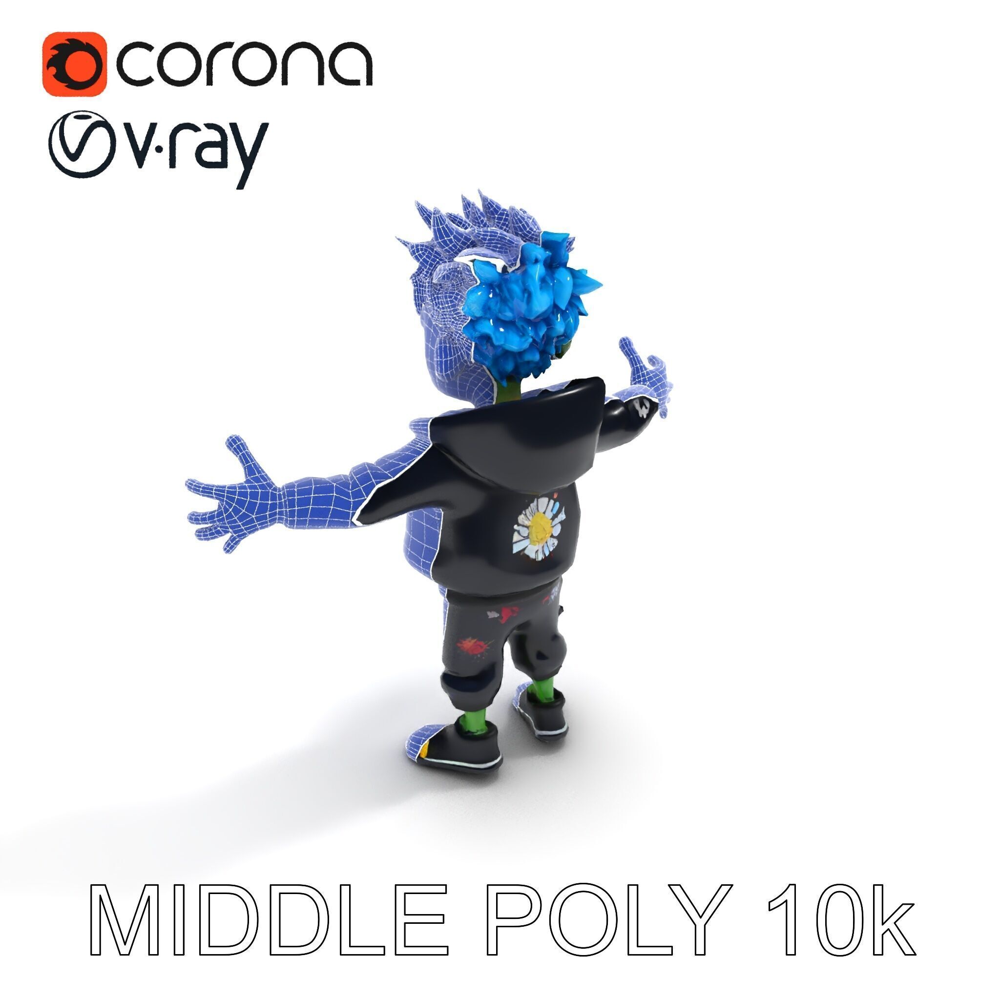 Zany Zombie Character with Blue Hair in Casual Attire Low-poly 3D model_21