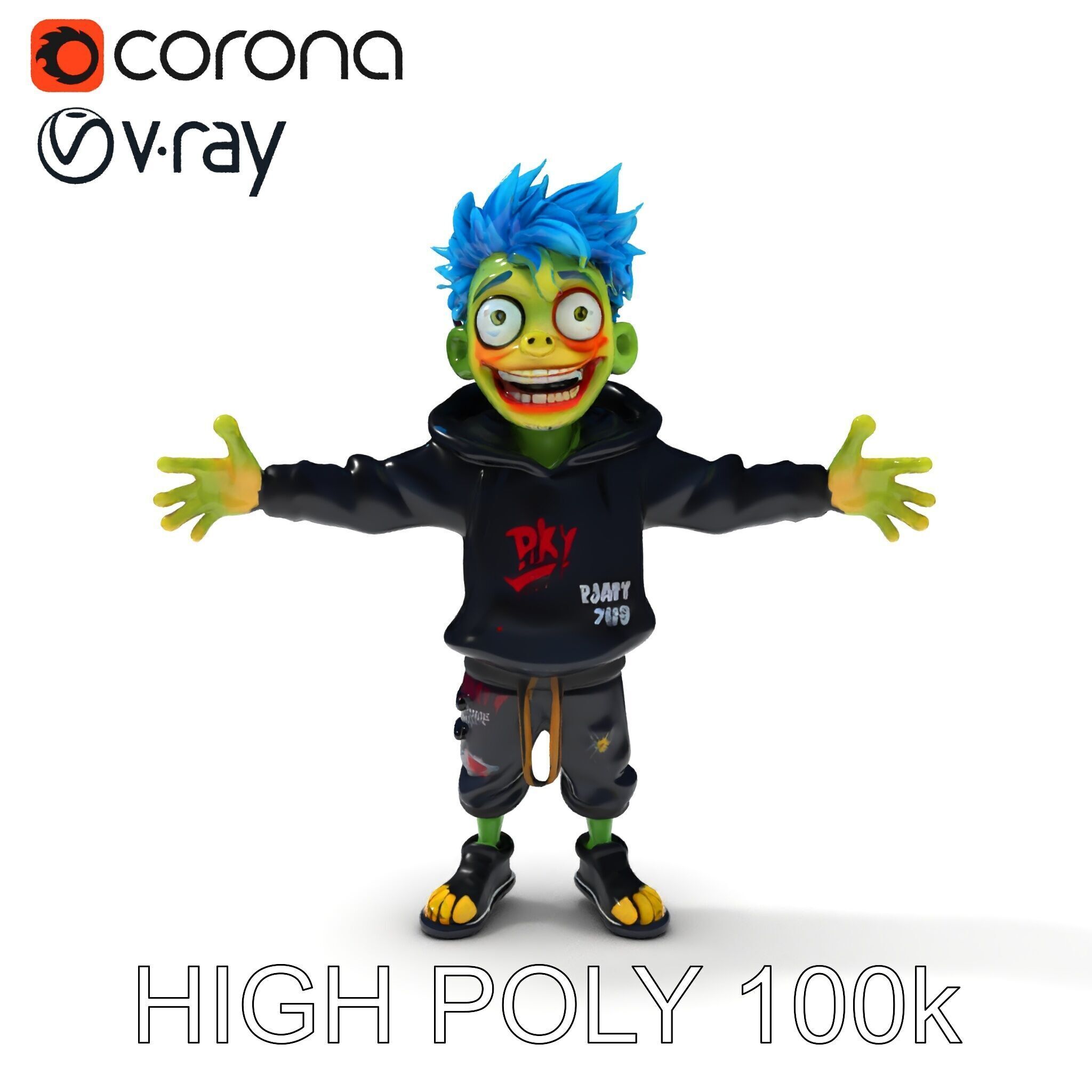 Zany Zombie Character with Blue Hair in Casual Attire Low-poly 3D model_8
