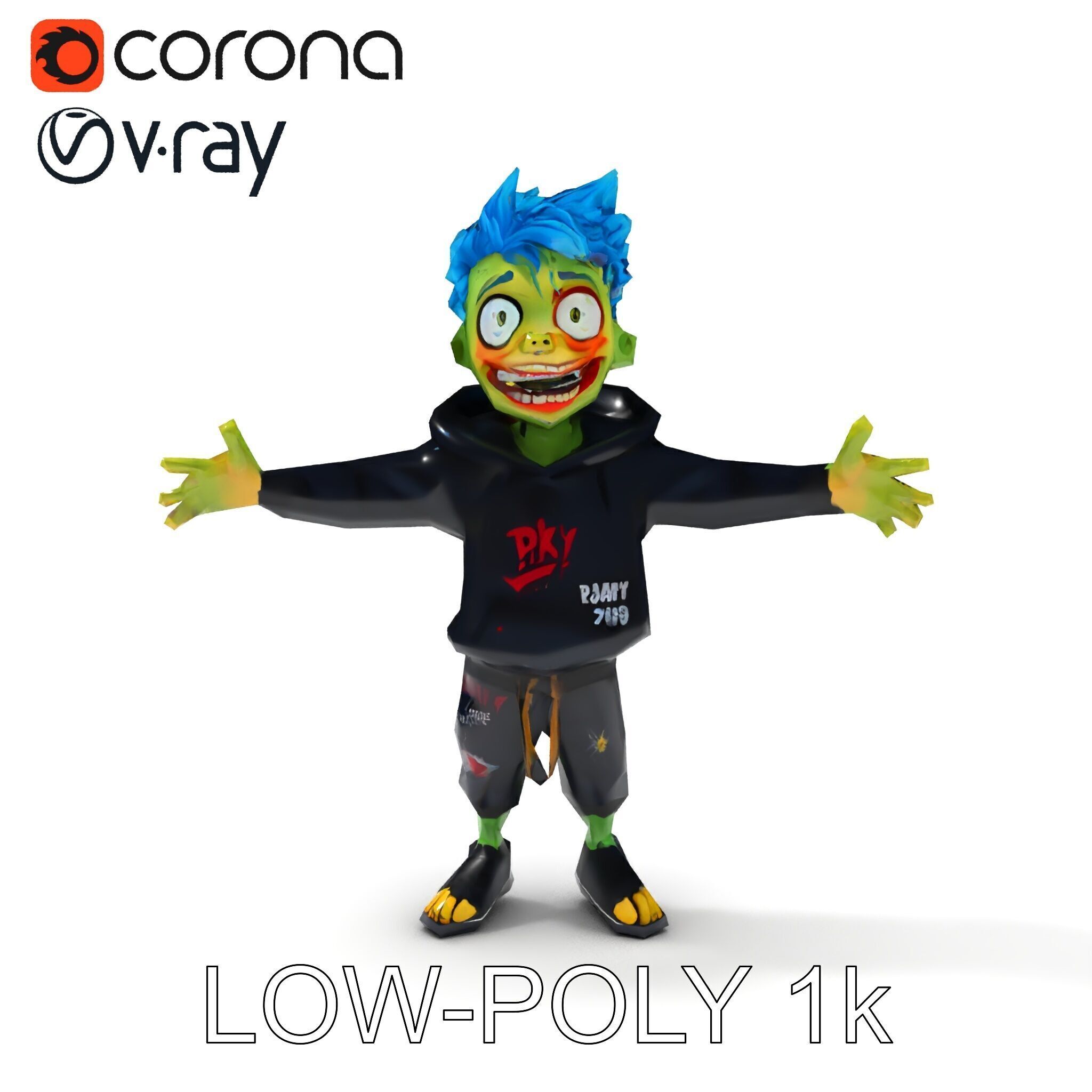 Zany Zombie Character with Blue Hair in Casual Attire Low-poly 3D model_22
