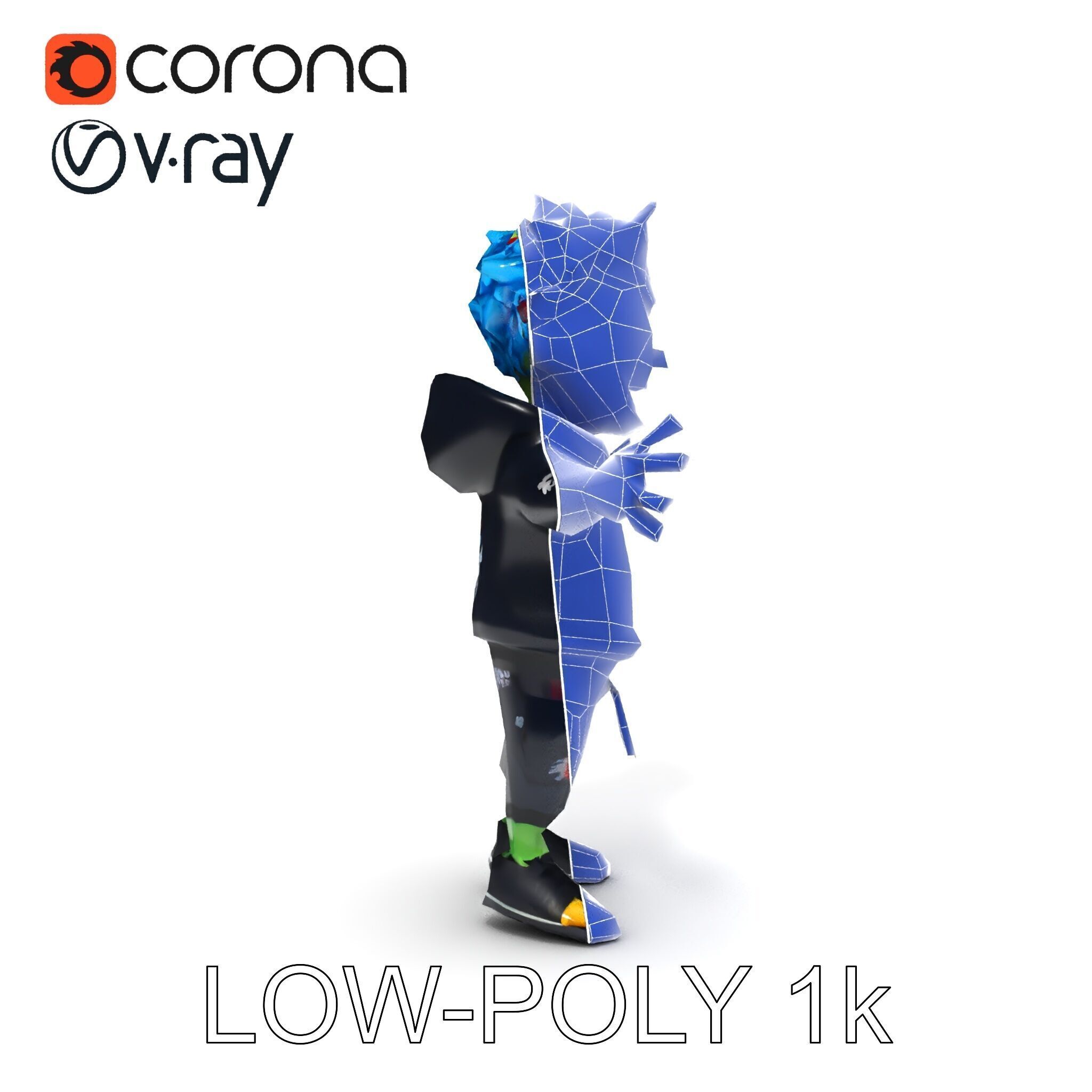 Zany Zombie Character with Blue Hair in Casual Attire Low-poly 3D model_13