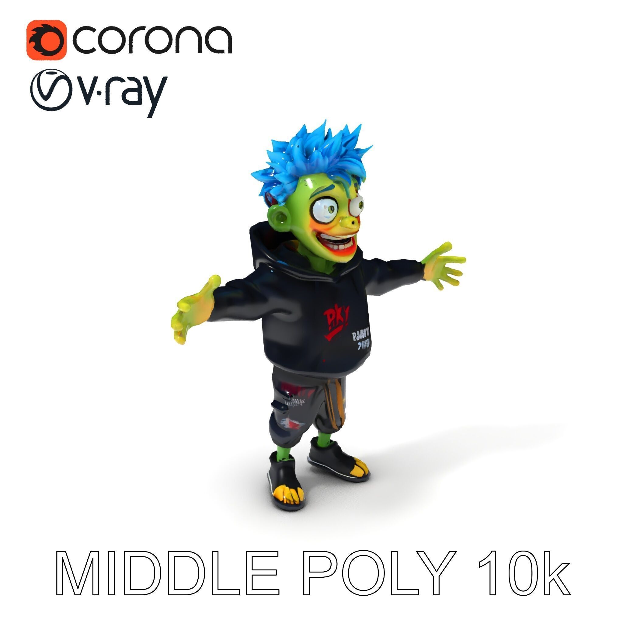 Zany Zombie Character with Blue Hair in Casual Attire Low-poly 3D model_14