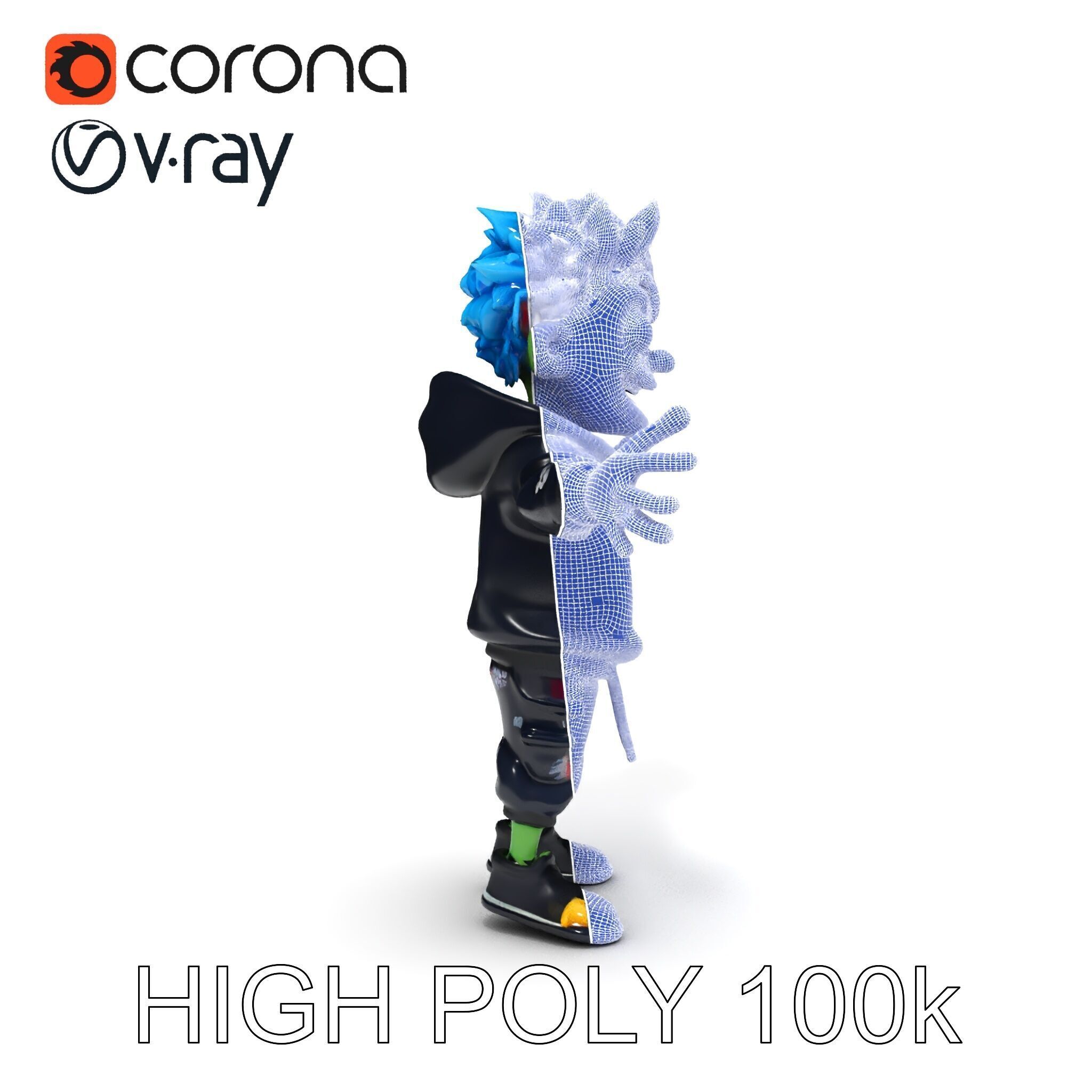 Zany Zombie Character with Blue Hair in Casual Attire Low-poly 3D model_31