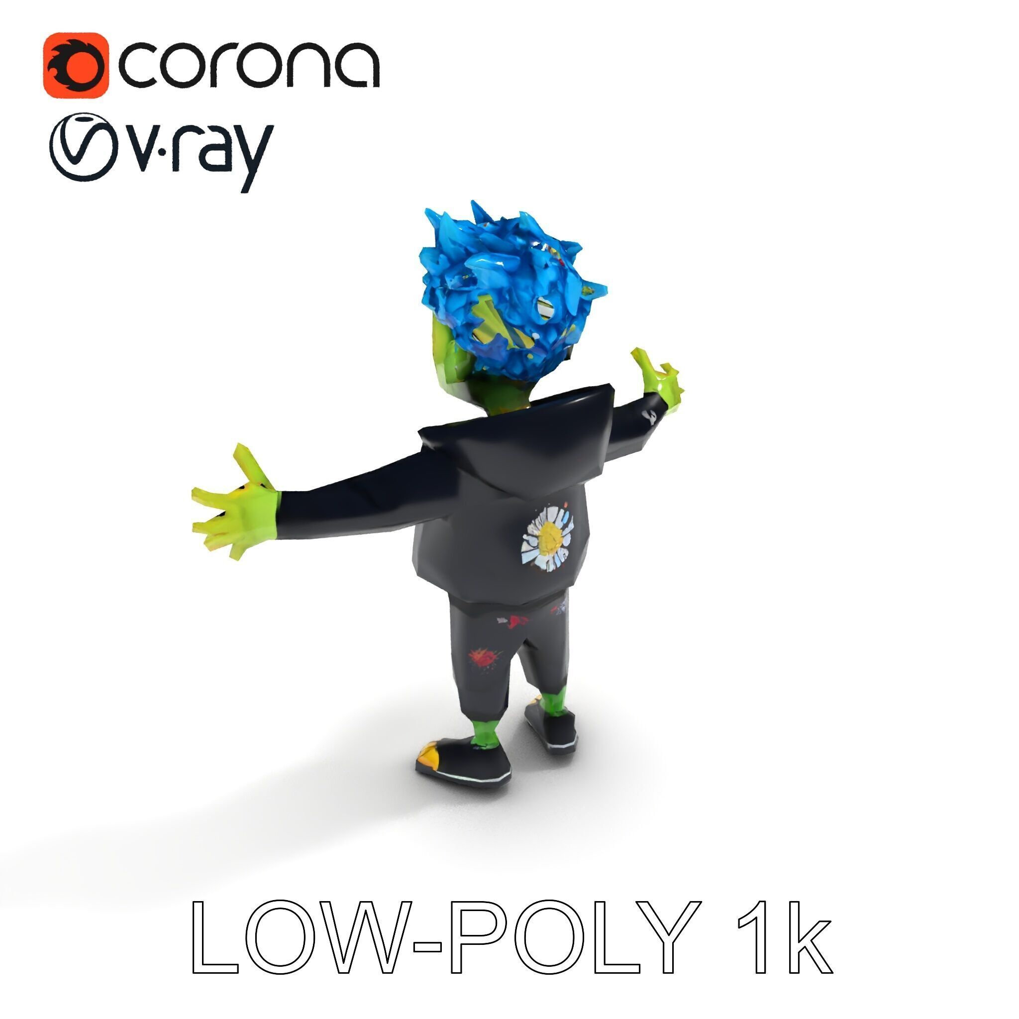 Zany Zombie Character with Blue Hair in Casual Attire Low-poly 3D model_10