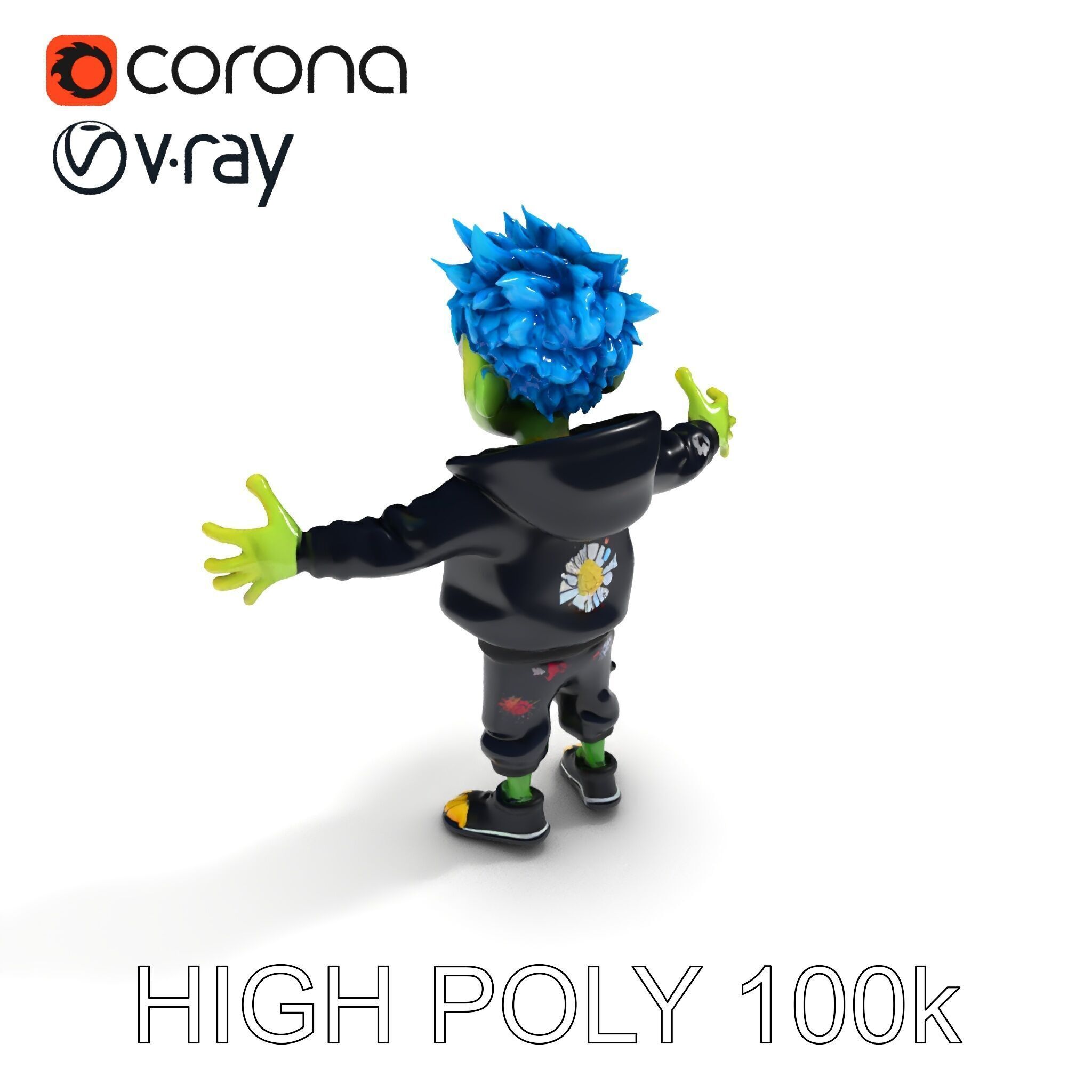 Zany Zombie Character with Blue Hair in Casual Attire Low-poly 3D model_11