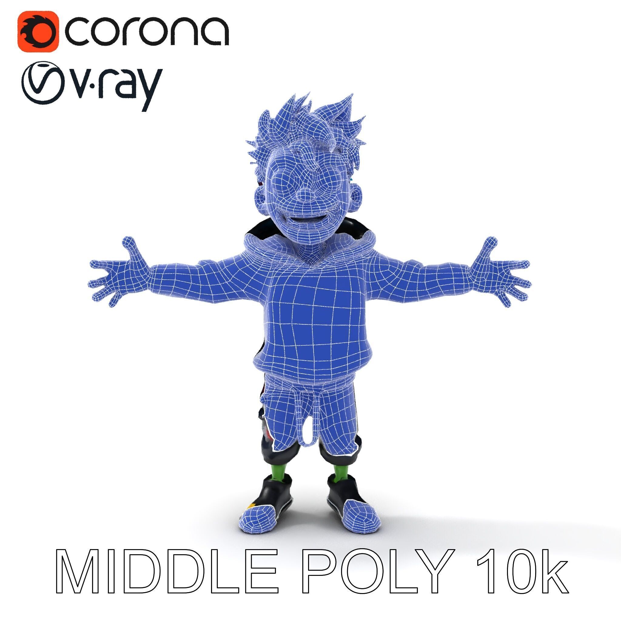 Zany Zombie Character with Blue Hair in Casual Attire Low-poly 3D model_23