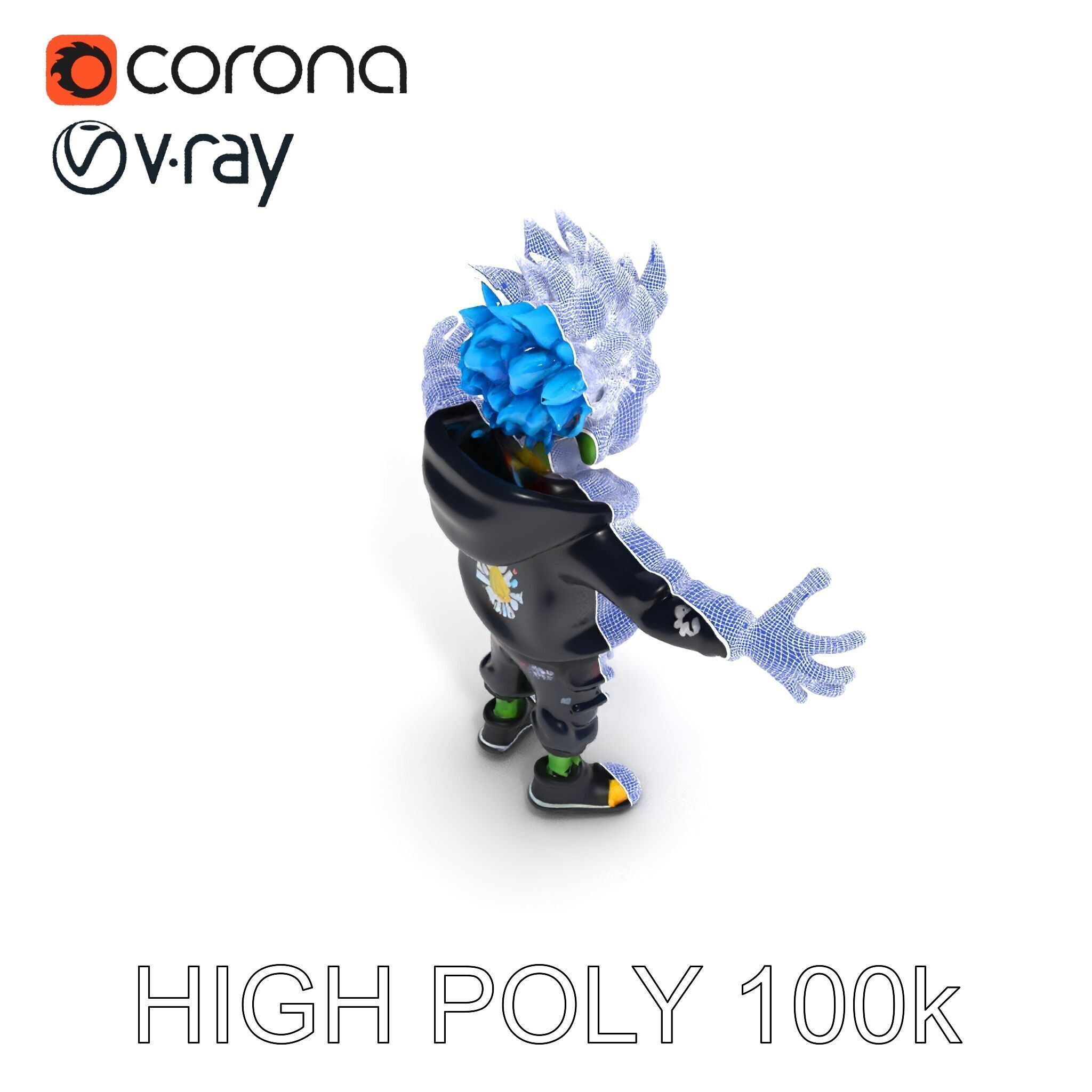 Zany Zombie Character with Blue Hair in Casual Attire Low-poly 3D model_36
