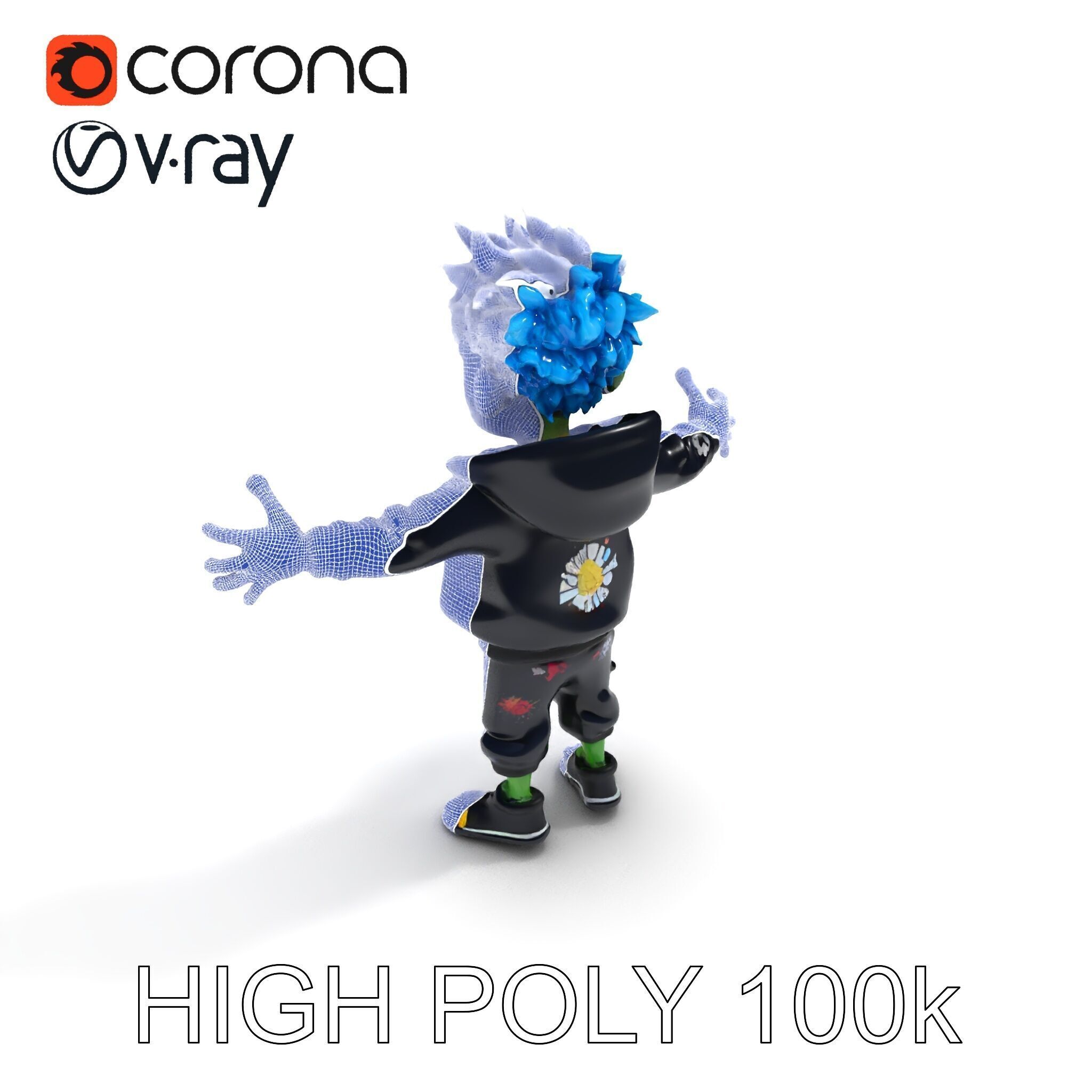 Zany Zombie Character with Blue Hair in Casual Attire Low-poly 3D model_16