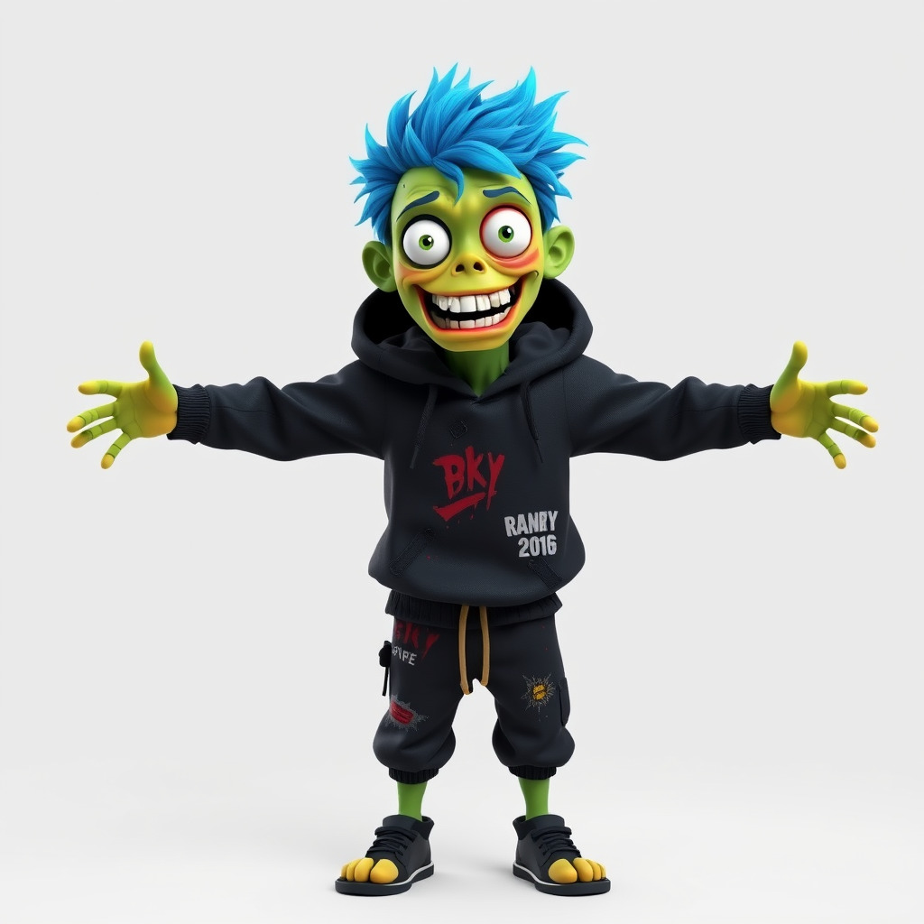 Zany Zombie Character with Blue Hair in Casual Attire Low-poly 3D model_4