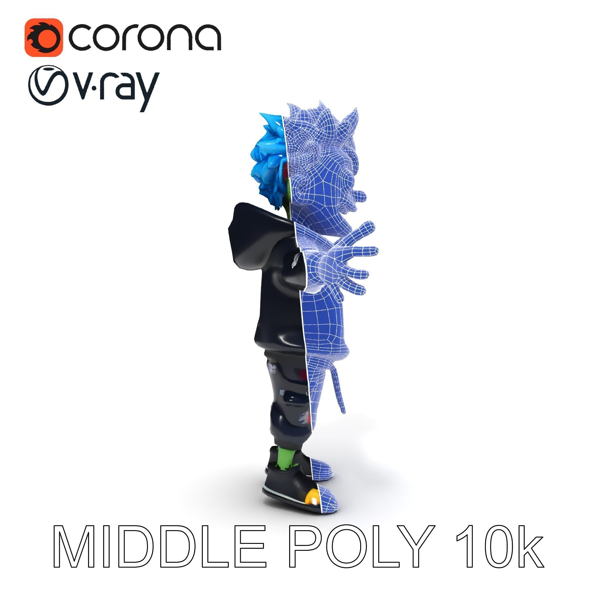 Zany Zombie Character with Blue Hair in Casual Attire Low-poly 3D model_6