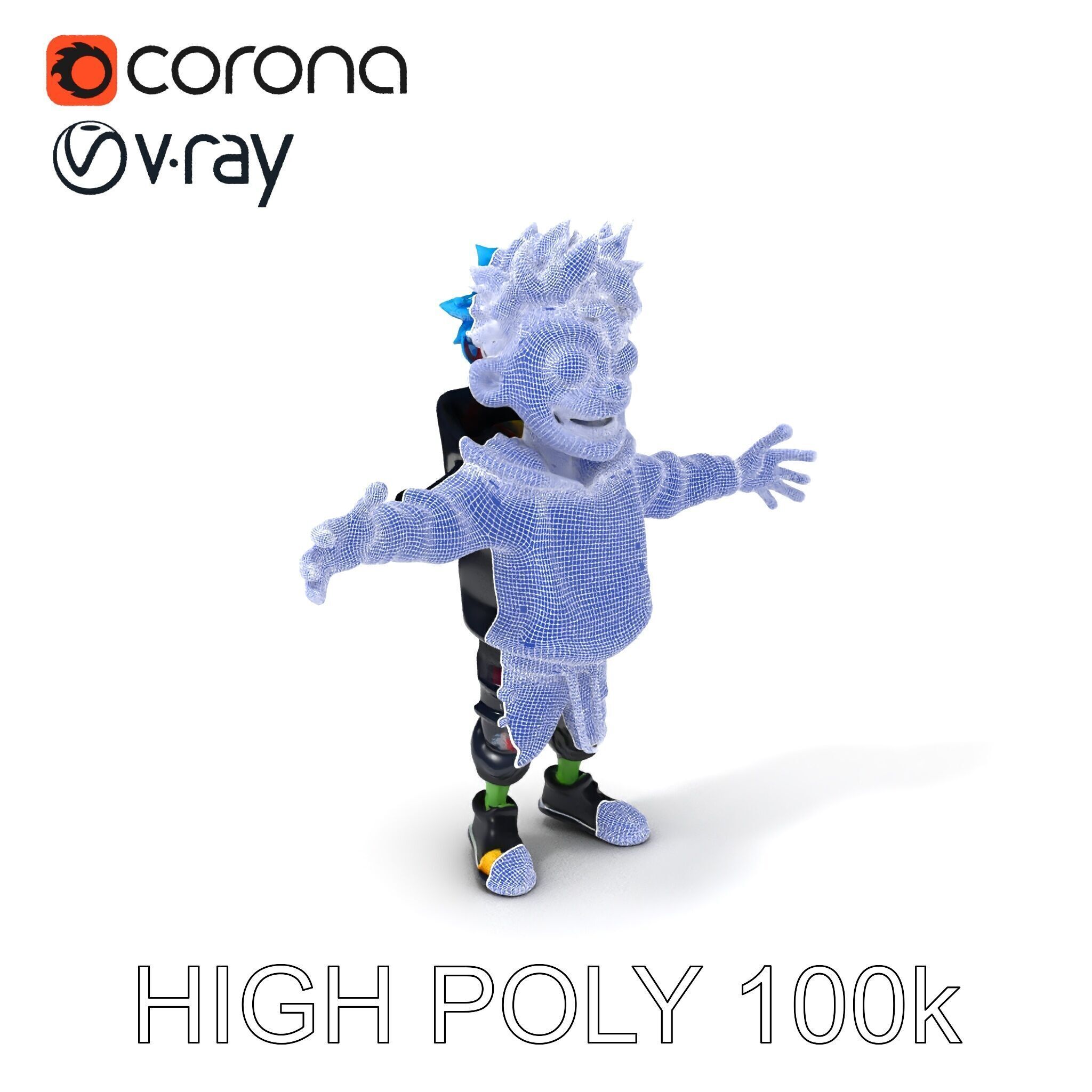 Zany Zombie Character with Blue Hair in Casual Attire Low-poly 3D model_3
