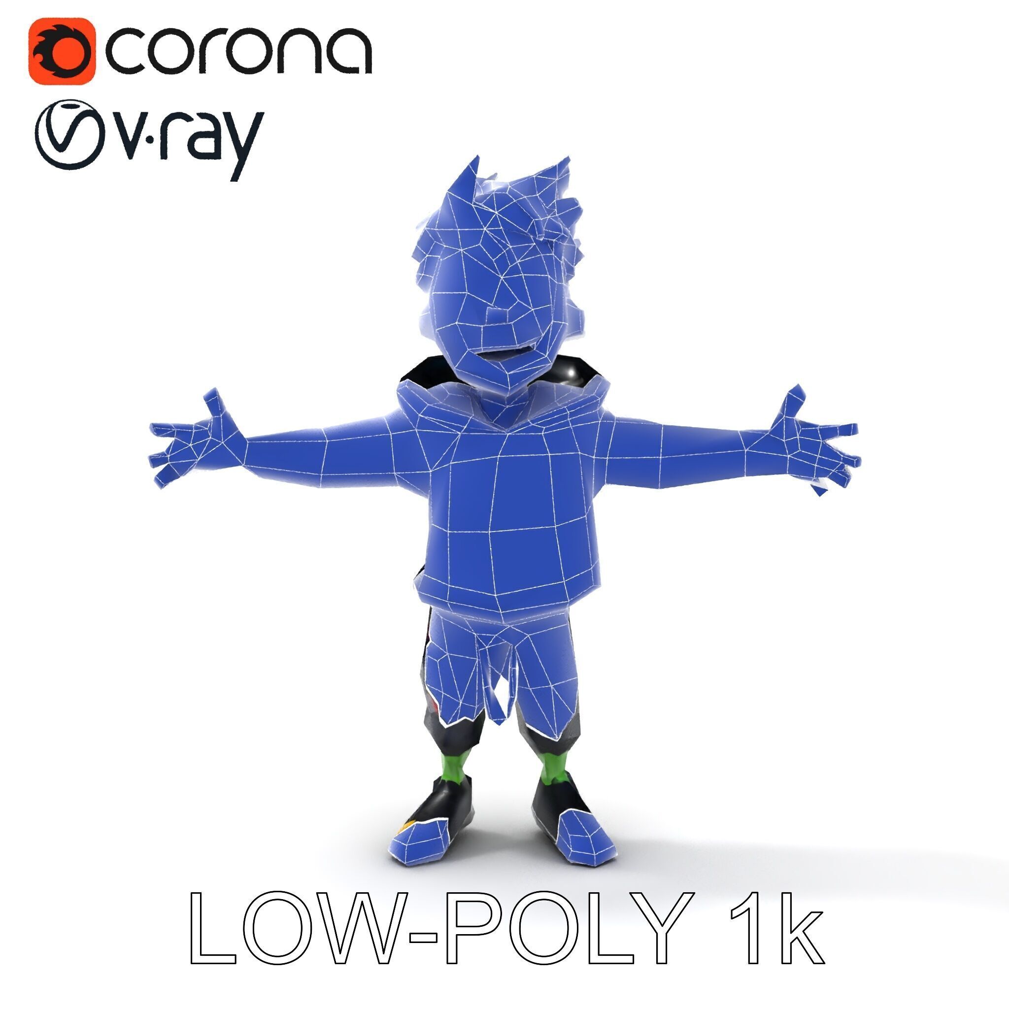Zany Zombie Character with Blue Hair in Casual Attire Low-poly 3D model_20