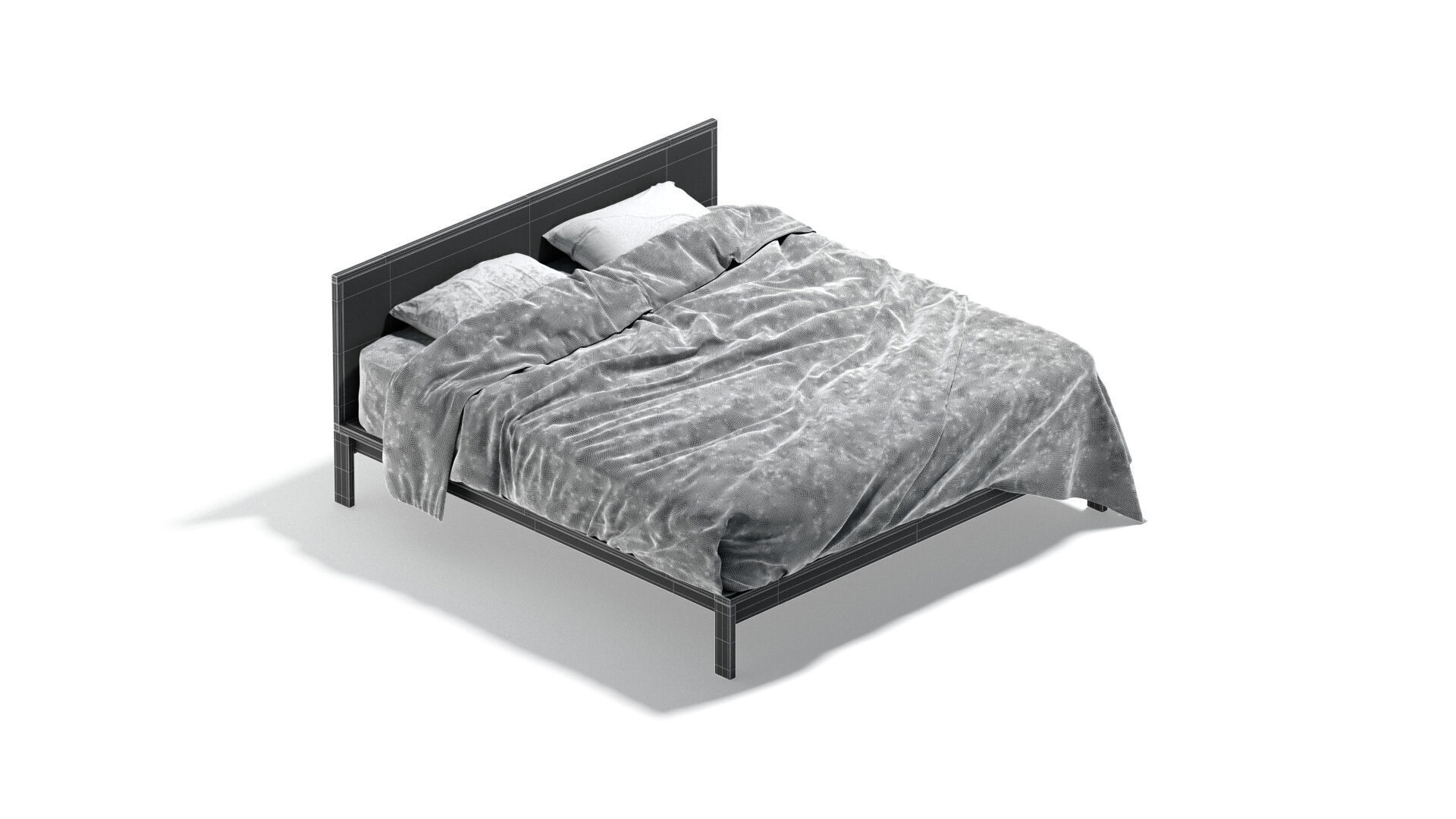 White Wooden Double Bed - bedding with pillow and mattress 3D model_8