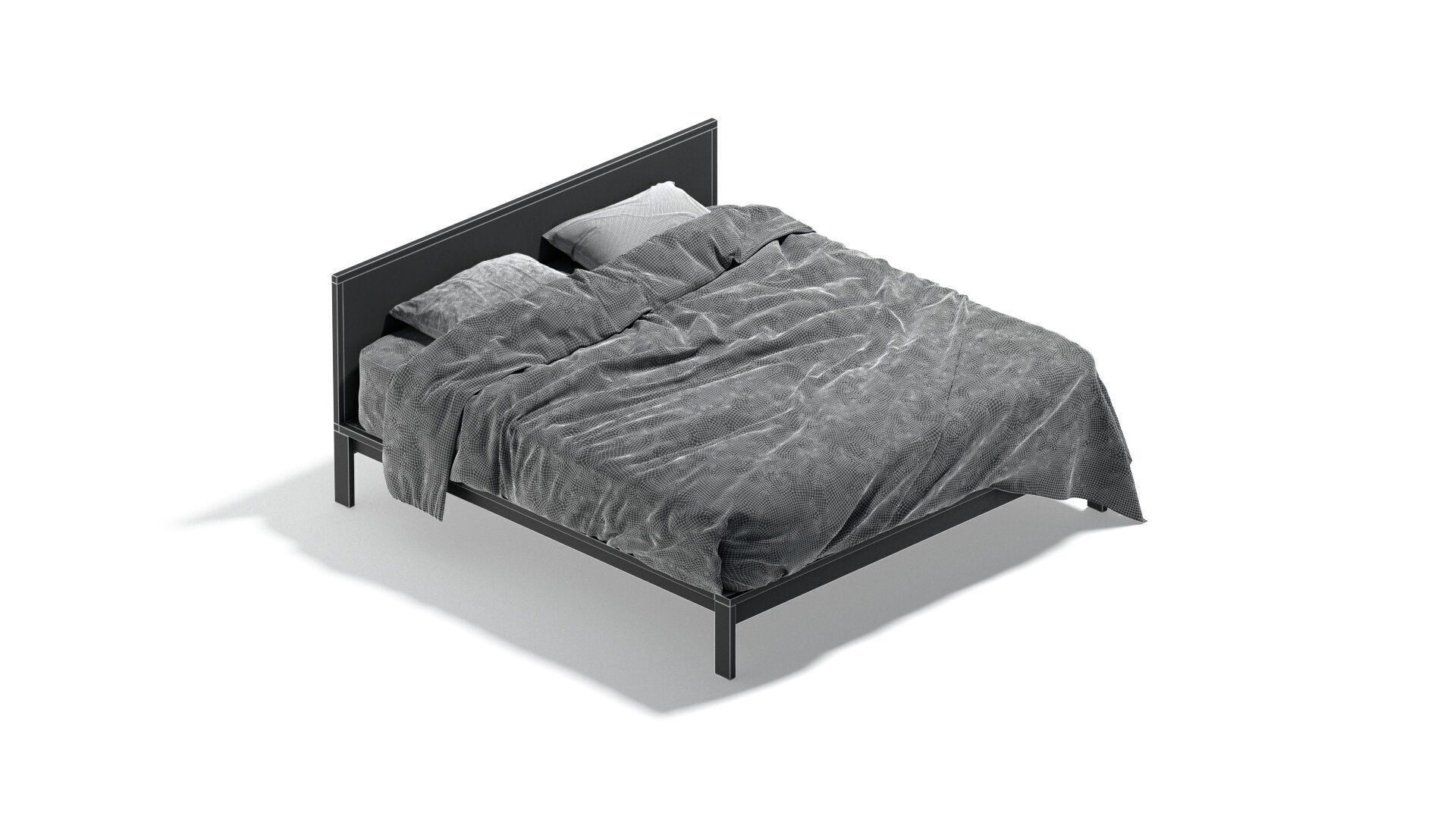 White Wooden Double Bed - bedding with pillow and mattress 3D model_7