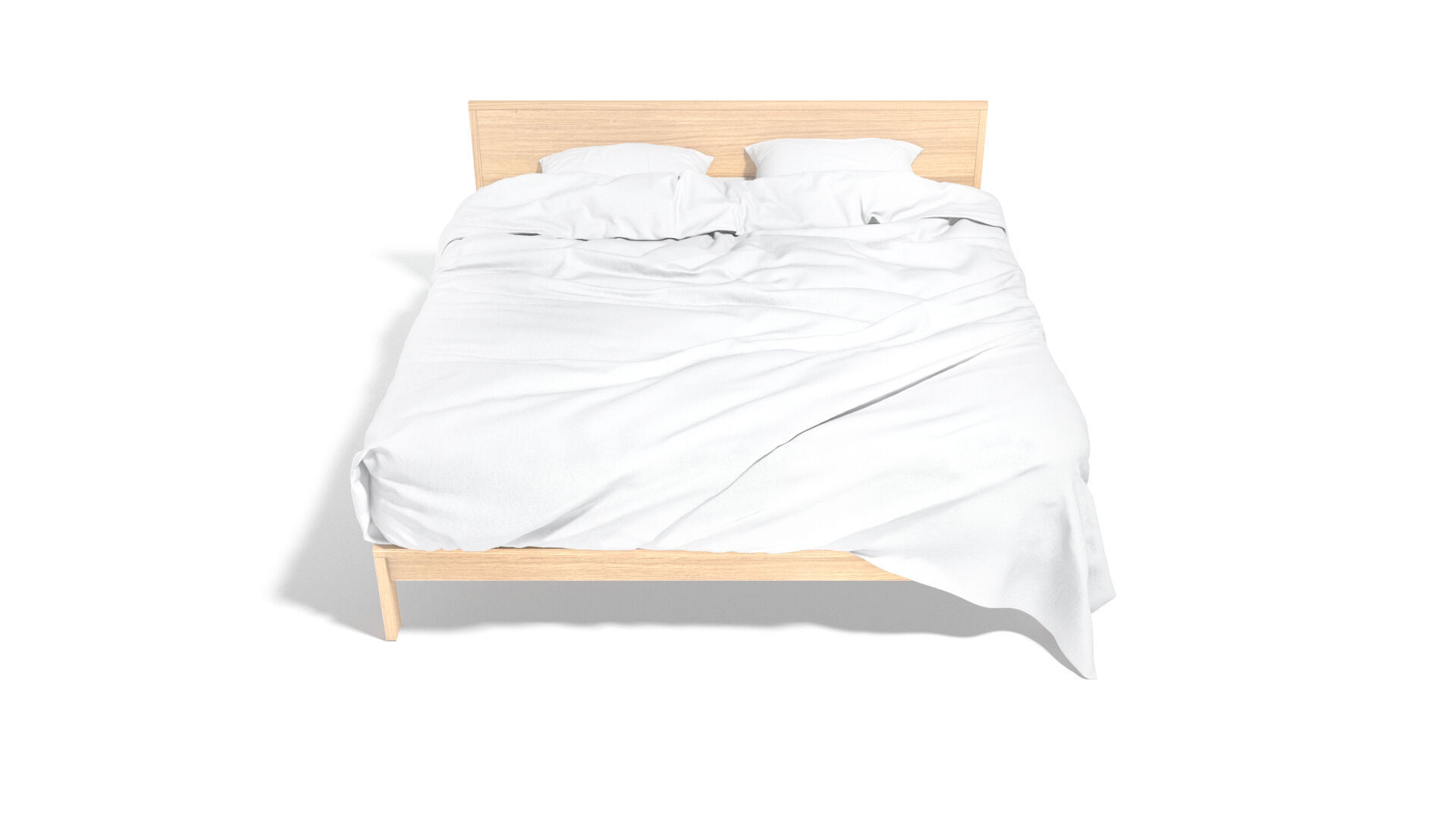 White Wooden Double Bed - bedding with pillow and mattress 3D model_3