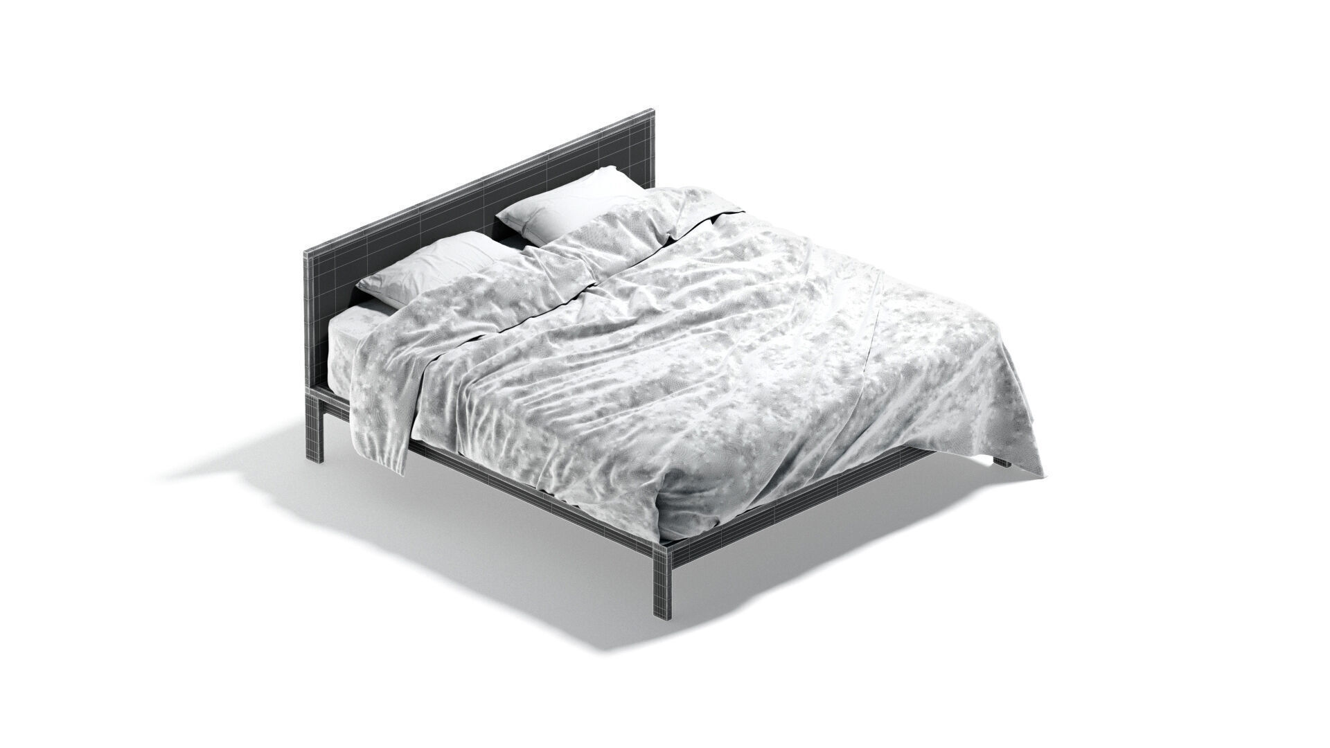 White Wooden Double Bed - bedding with pillow and mattress 3D model_9