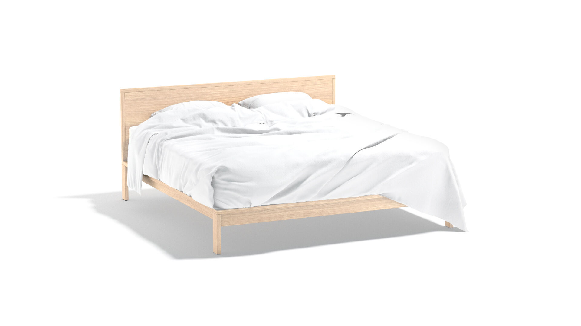 White Wooden Double Bed - bedding with pillow and mattress 3D model_1