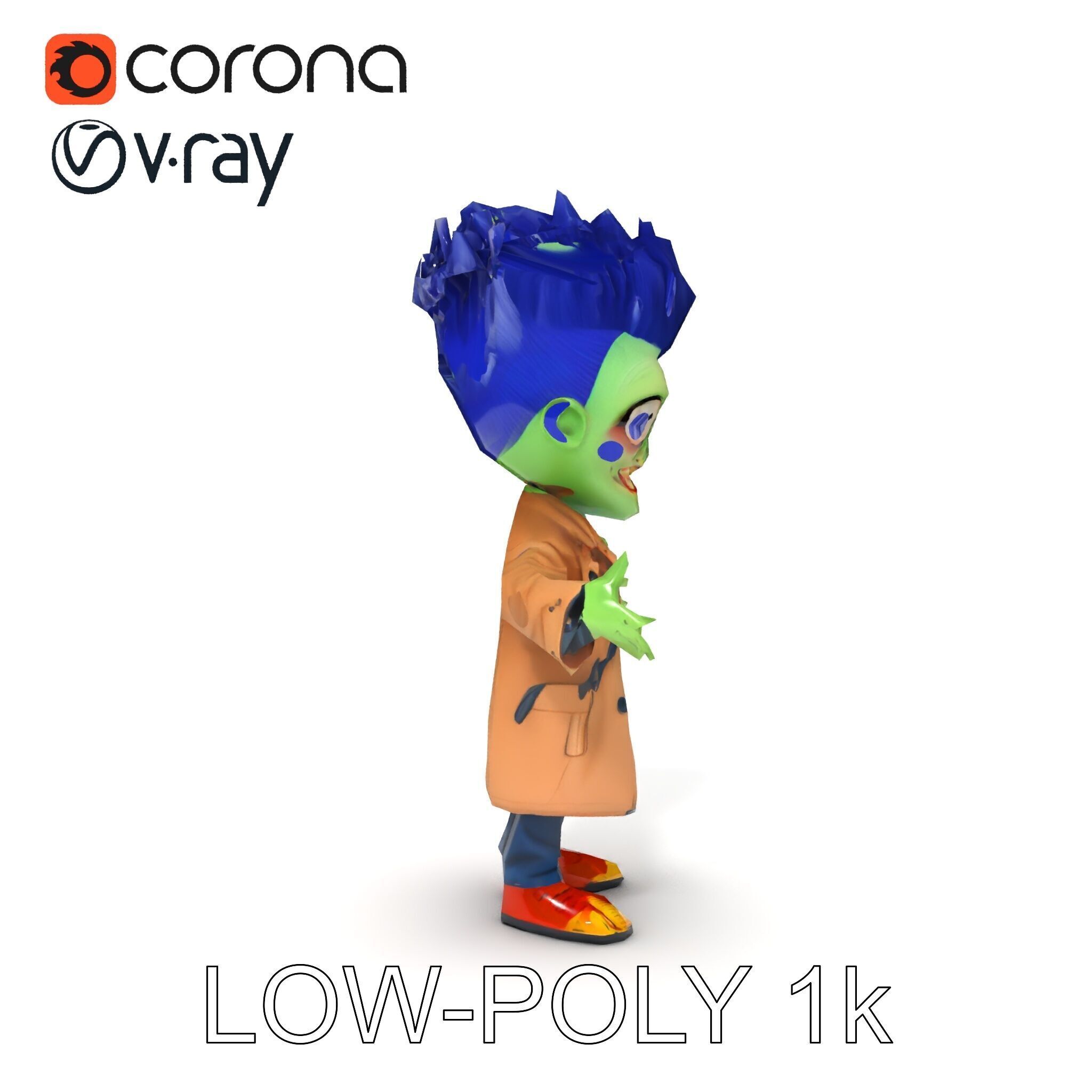 Cartoon Zombie Investigator with Blue Hair and Trench Coat Low-poly 3D model_18