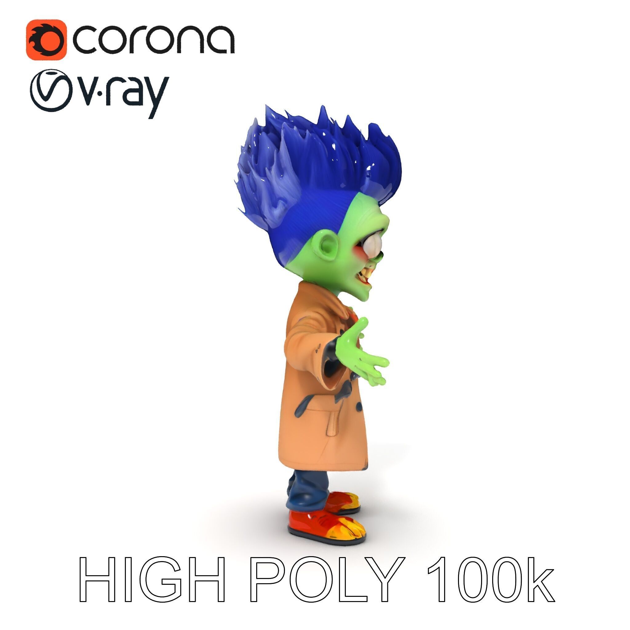 Cartoon Zombie Investigator with Blue Hair and Trench Coat Low-poly 3D model_16