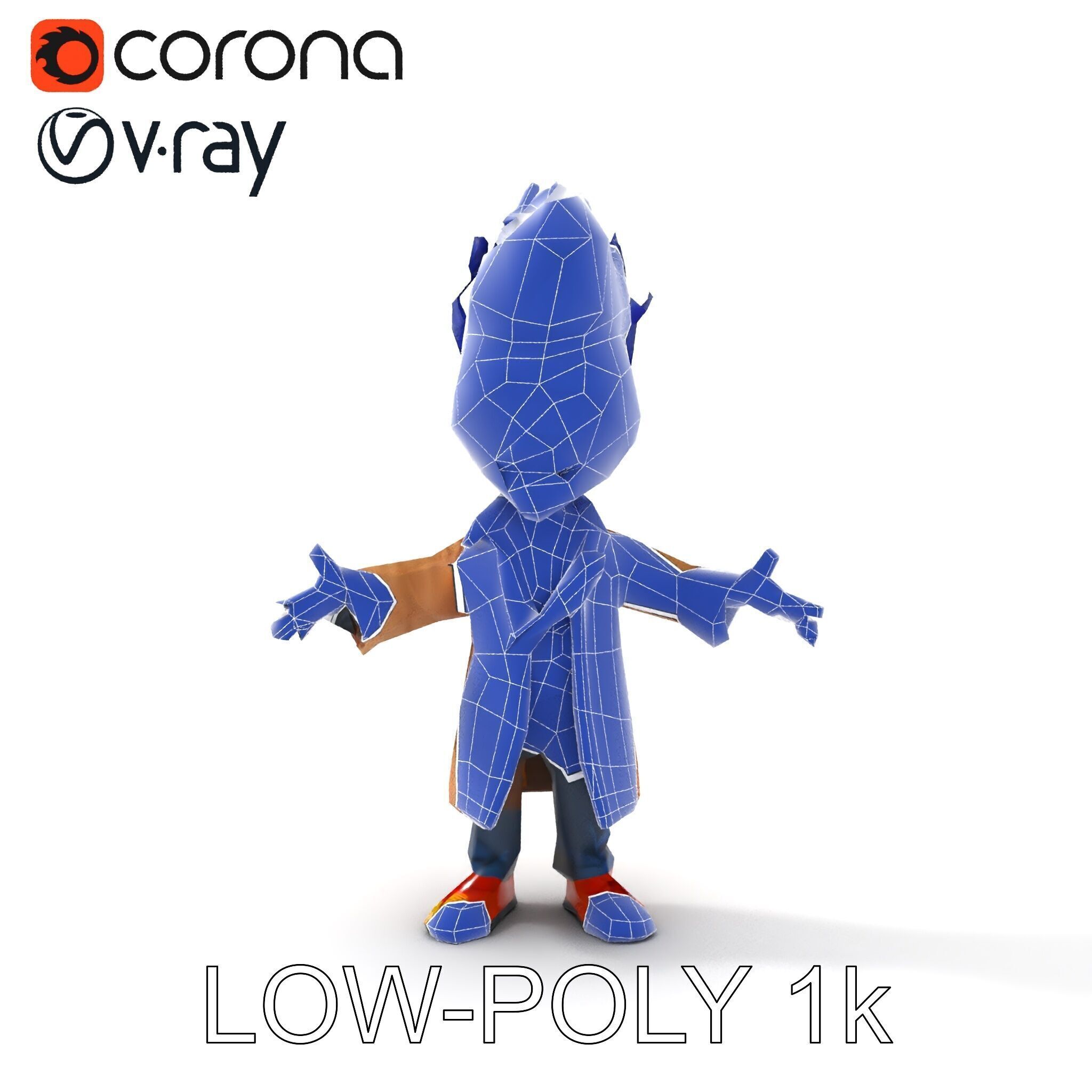 Cartoon Zombie Investigator with Blue Hair and Trench Coat Low-poly 3D model_34