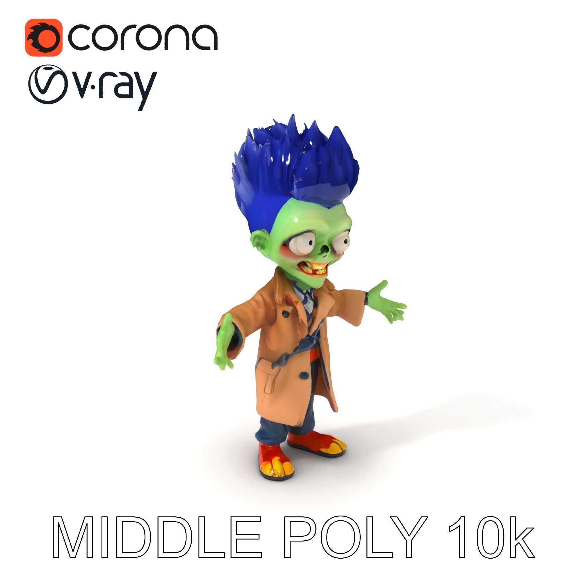 Cartoon Zombie Investigator with Blue Hair and Trench Coat Low-poly 3D model_11