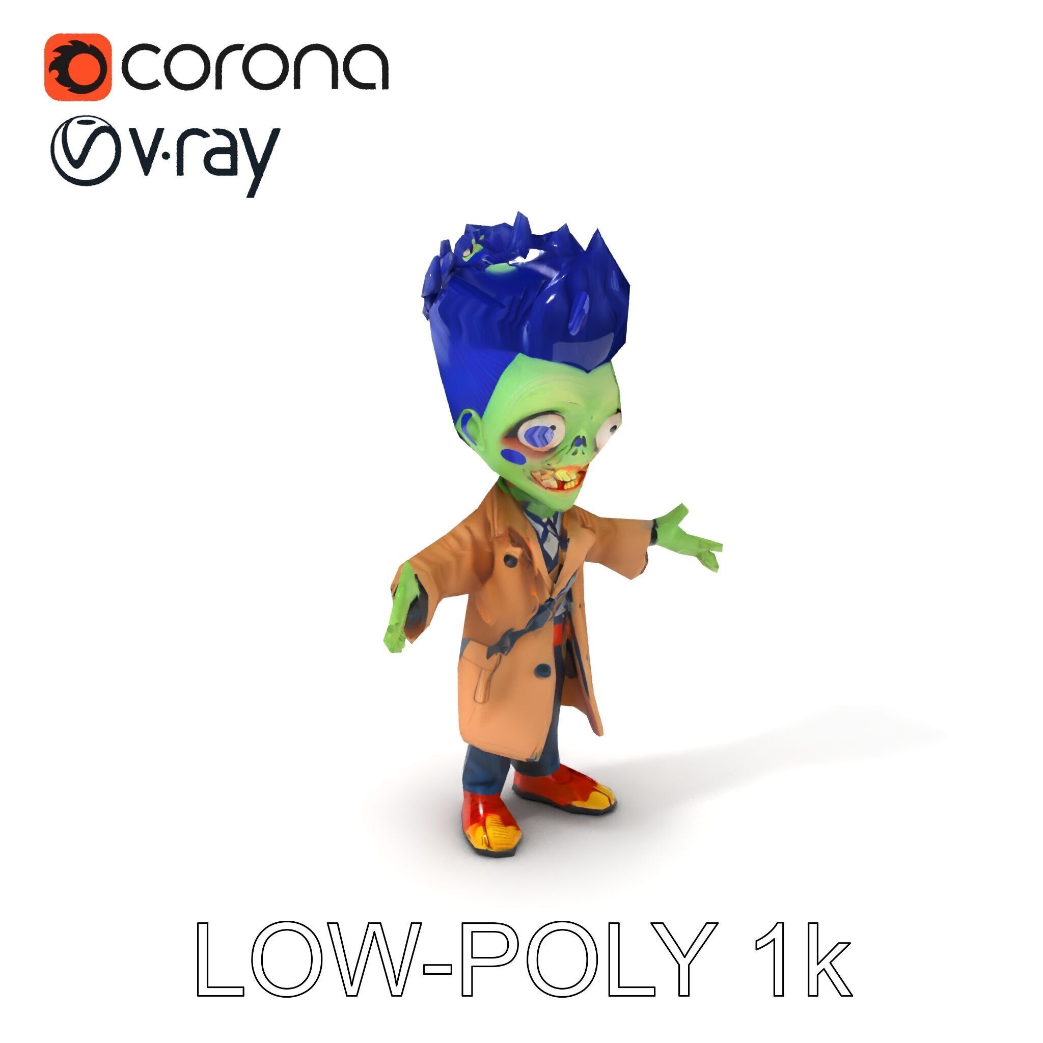 Cartoon Zombie Investigator with Blue Hair and Trench Coat Low-poly 3D model_12