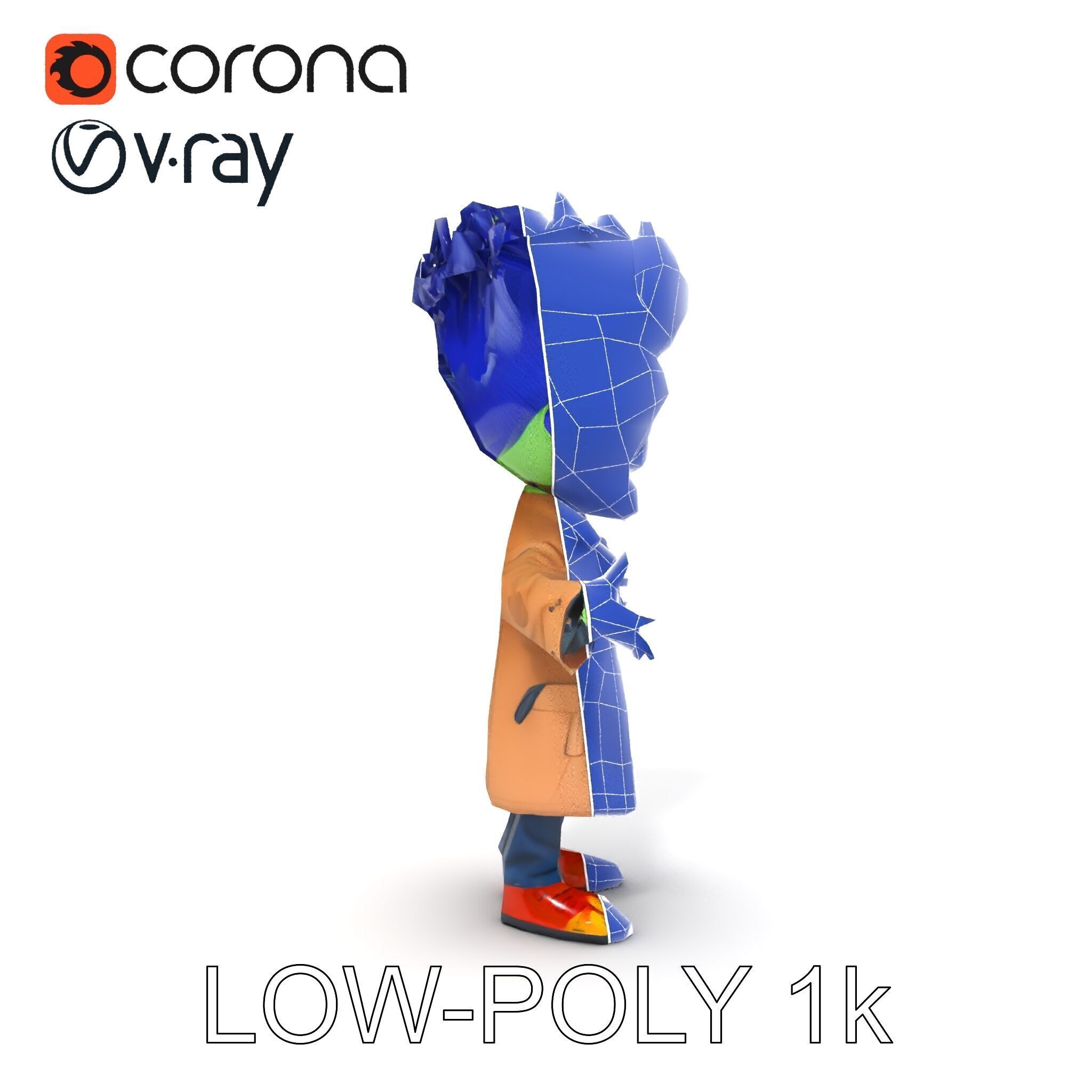 Cartoon Zombie Investigator with Blue Hair and Trench Coat Low-poly 3D model_31