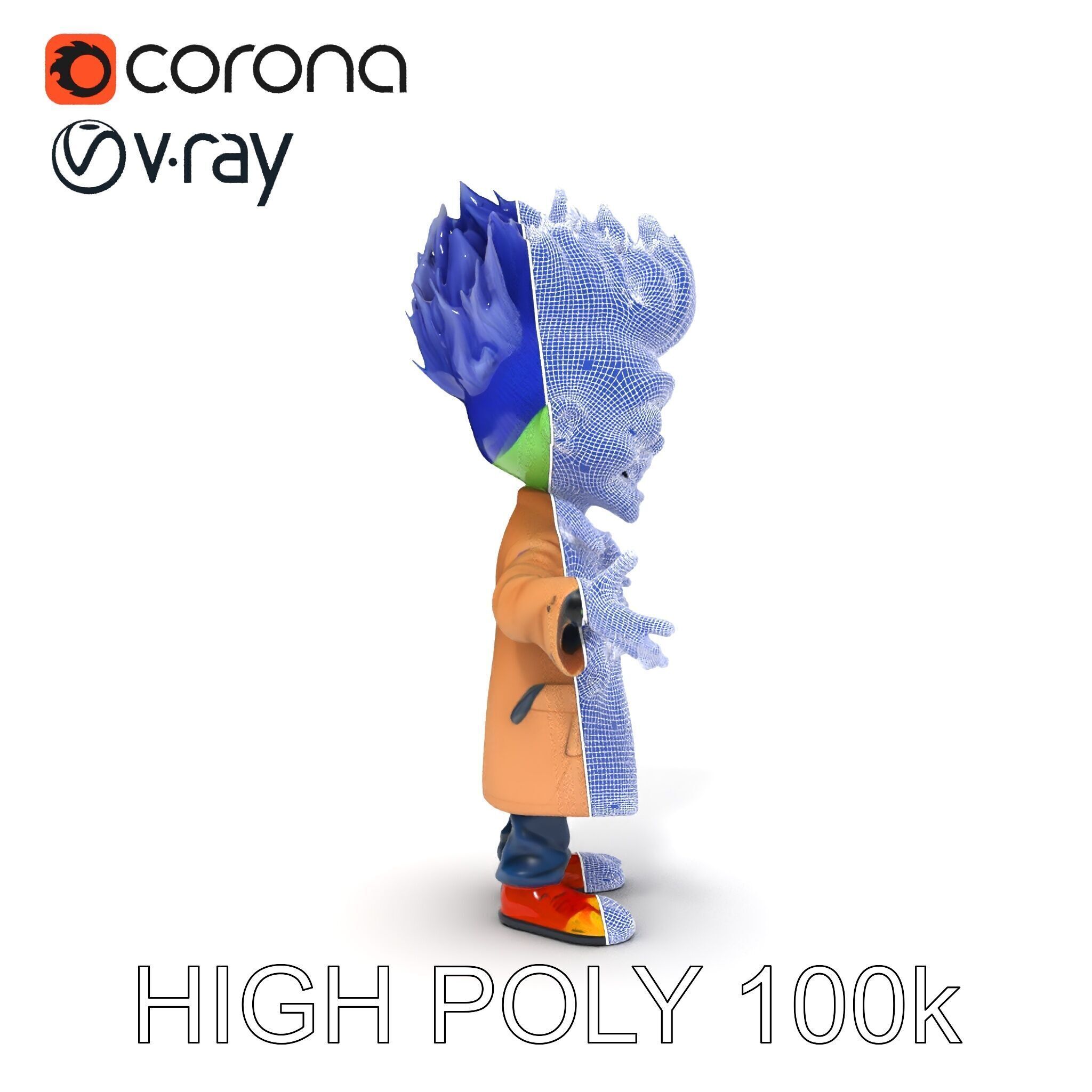 Cartoon Zombie Investigator with Blue Hair and Trench Coat Low-poly 3D model_32