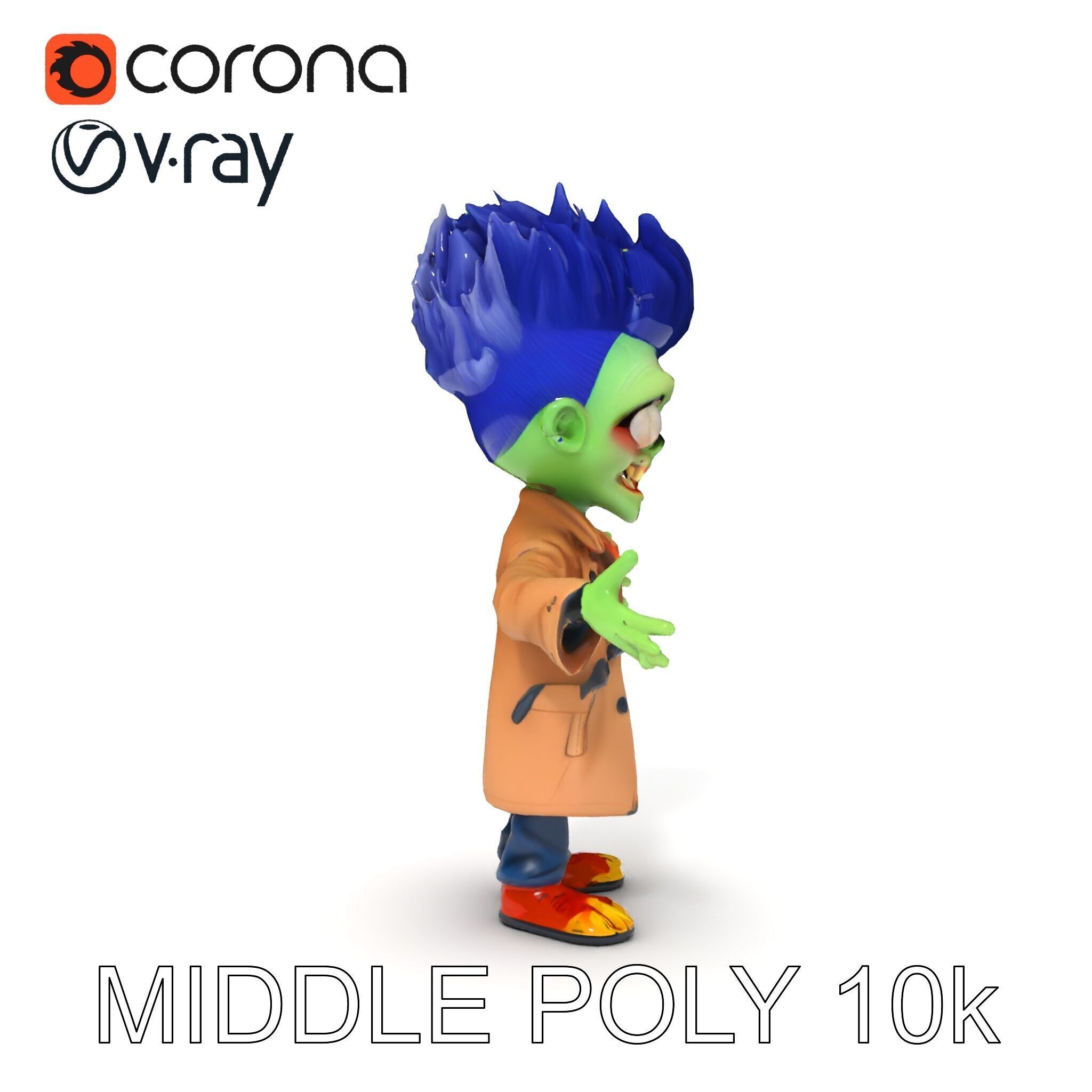 Cartoon Zombie Investigator with Blue Hair and Trench Coat Low-poly 3D model_30