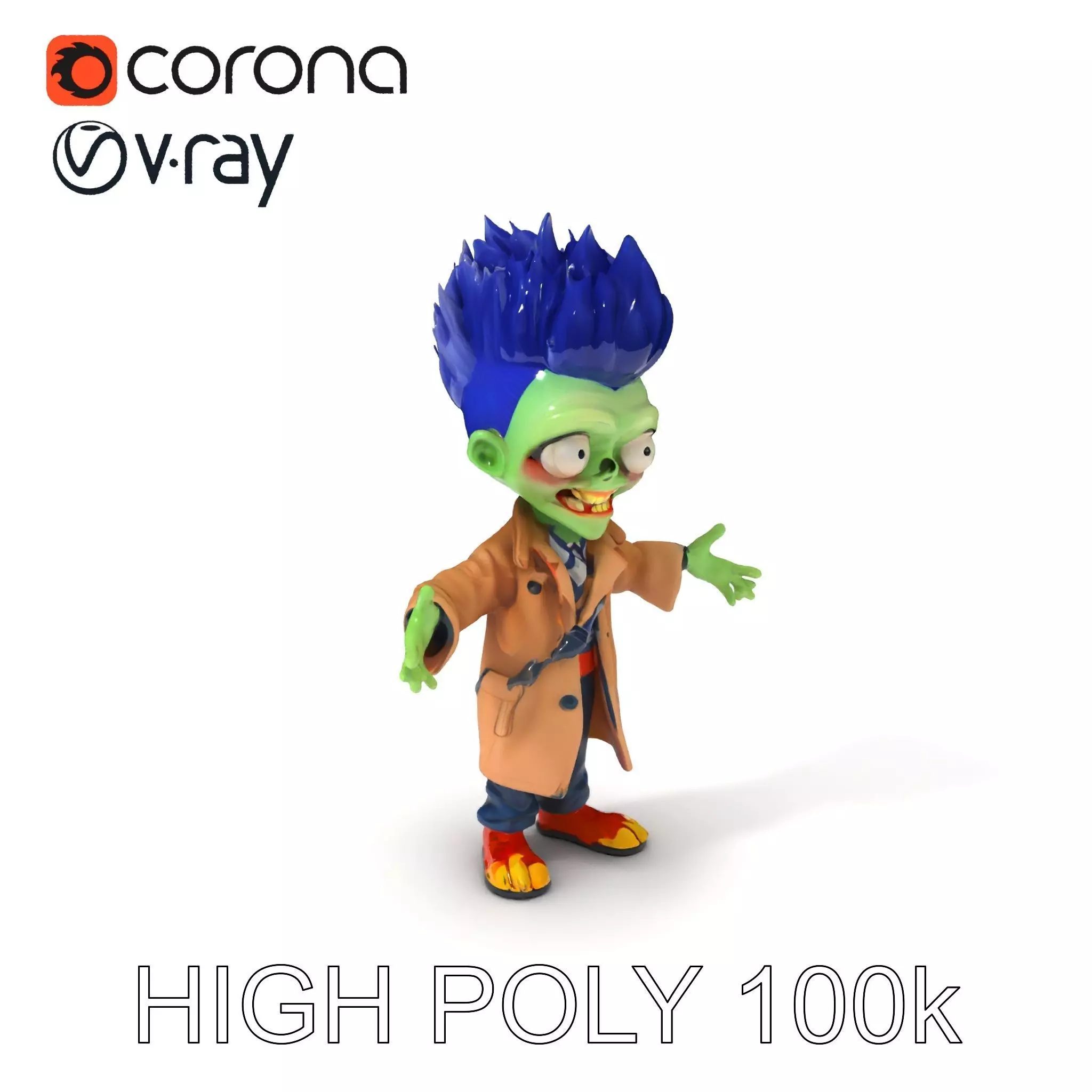 Cartoon Zombie Investigator with Blue Hair and Trench Coat Low-poly 3D model_0