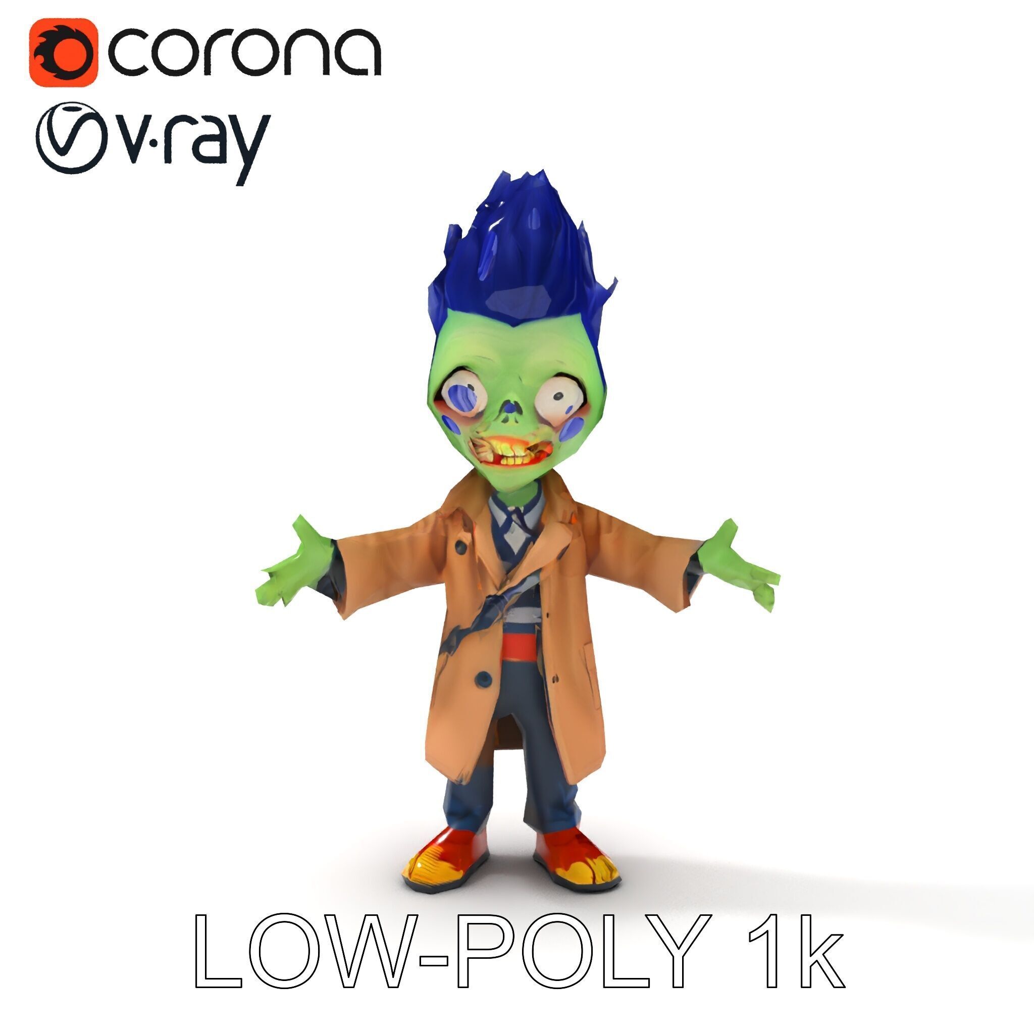 Cartoon Zombie Investigator with Blue Hair and Trench Coat Low-poly 3D model_24