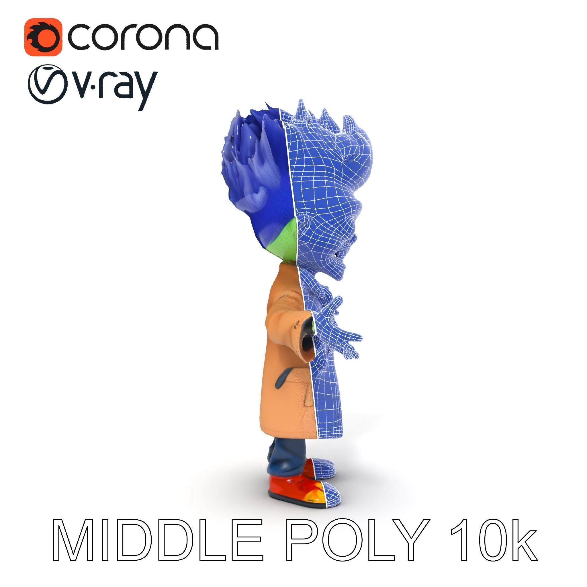 Cartoon Zombie Investigator with Blue Hair and Trench Coat Low-poly 3D model_6