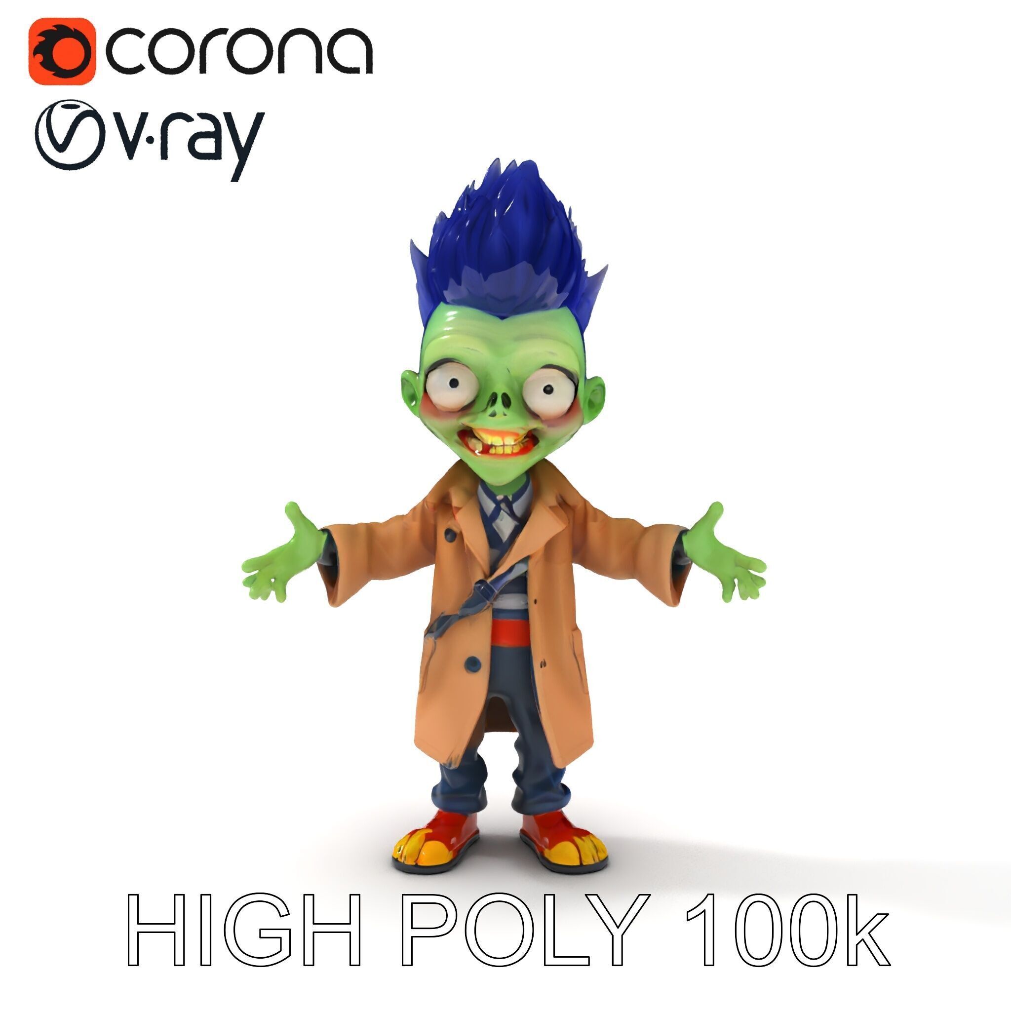 Cartoon Zombie Investigator with Blue Hair and Trench Coat Low-poly 3D model_36