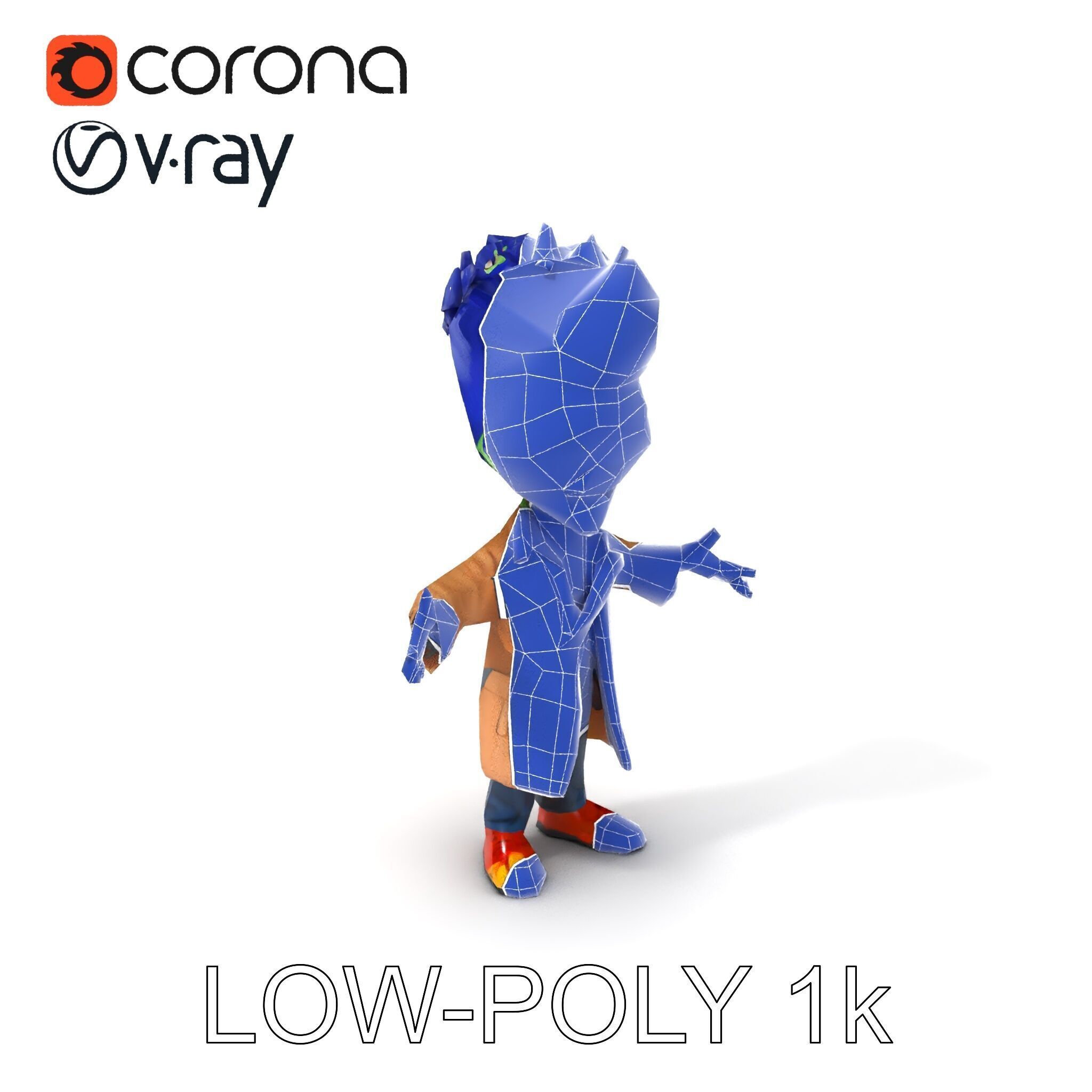 Cartoon Zombie Investigator with Blue Hair and Trench Coat Low-poly 3D model_7