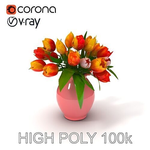 Realistic Tulip Bouquet in Vase Model Pack Low-poly 3D model