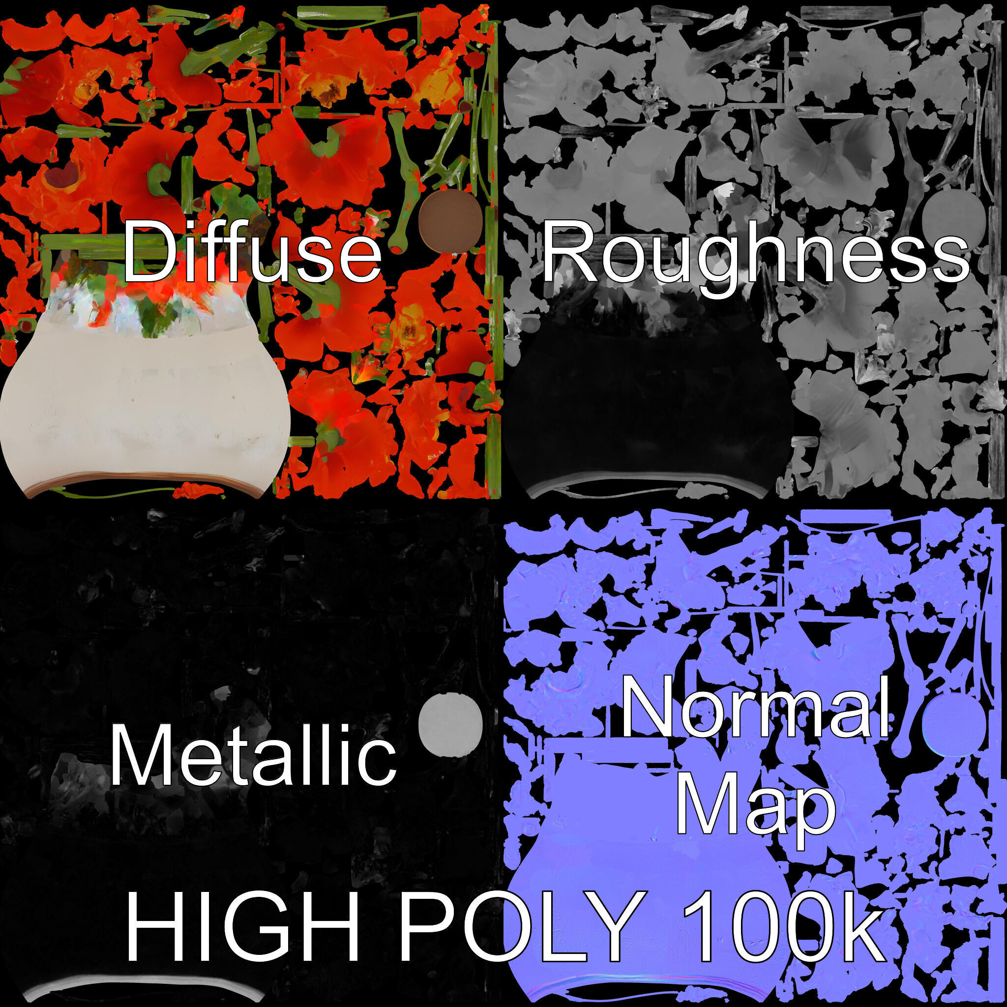 Vase with Poppies Model Pack Low-poly 3D model_2