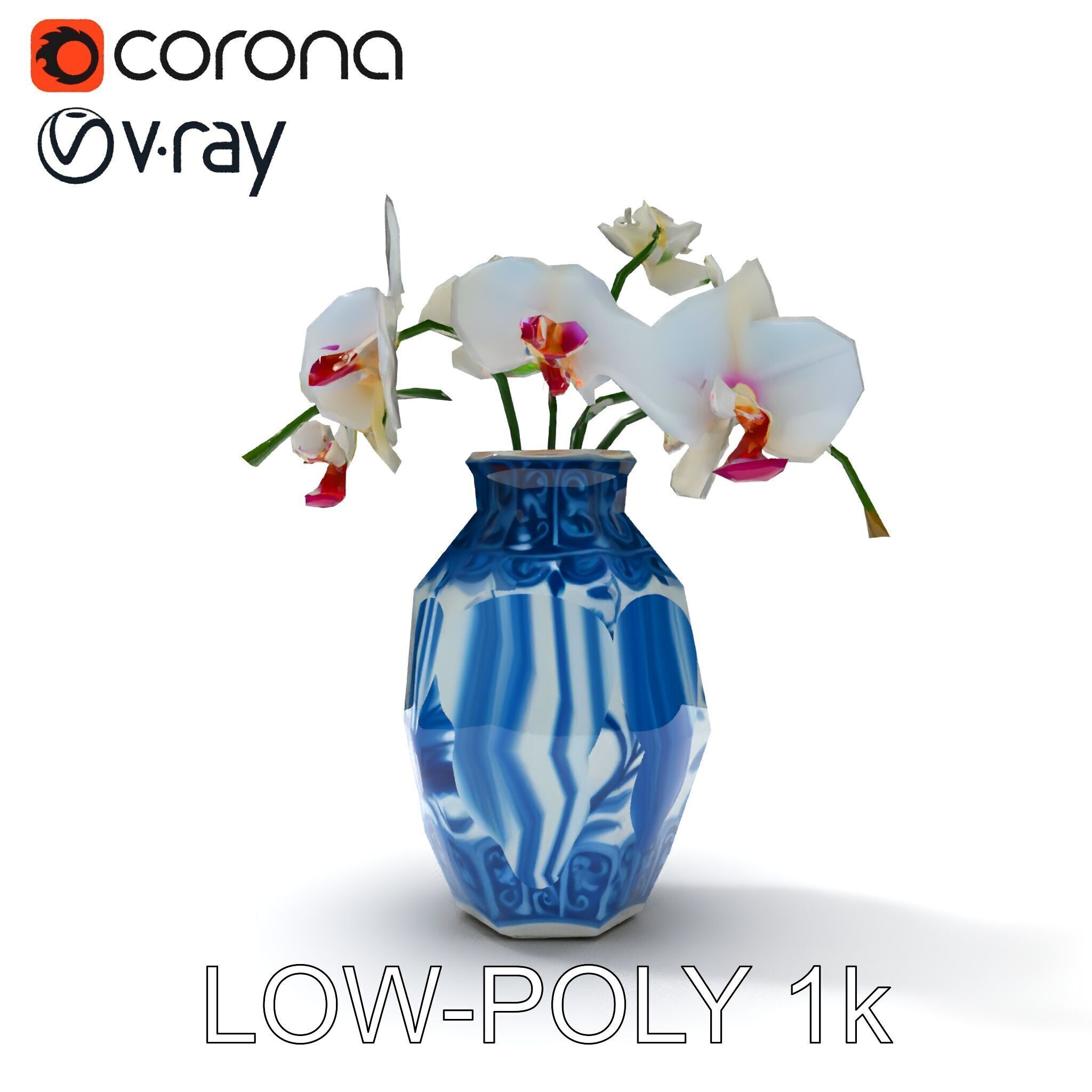 Elegant Blue Porcelain Vase with Orchids Model Pack Low-poly 3D model_7