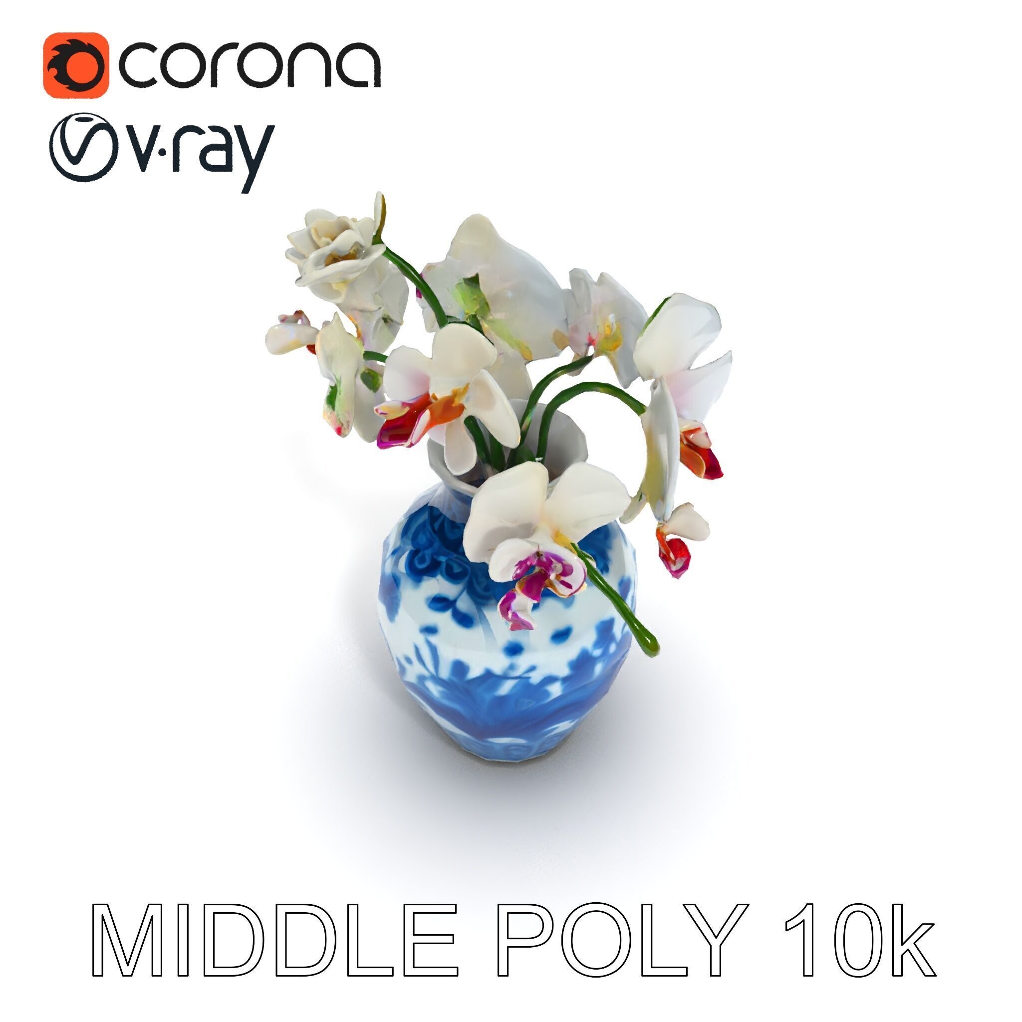 Elegant Blue Porcelain Vase with Orchids Model Pack Low-poly 3D model_15