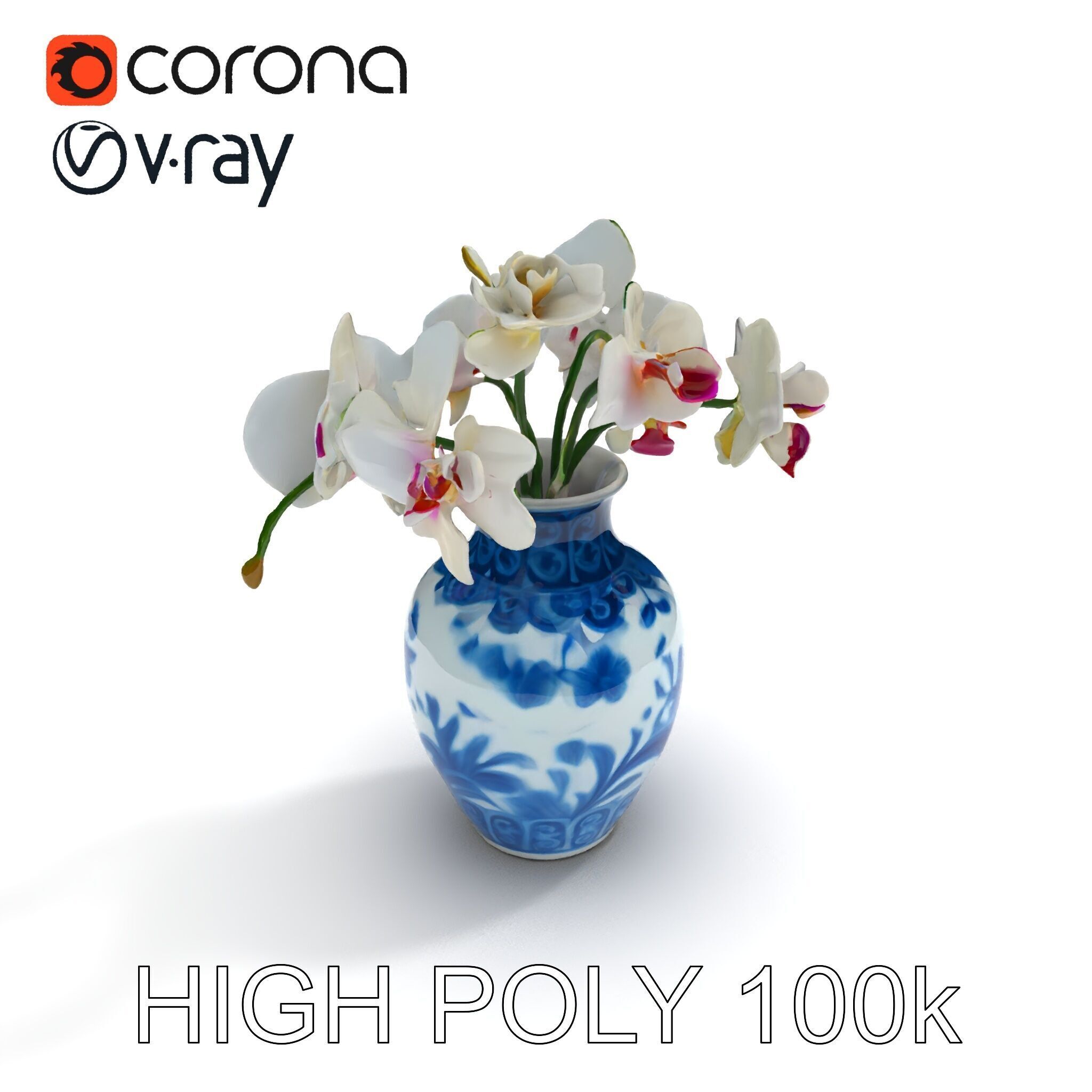 Elegant Blue Porcelain Vase with Orchids Model Pack Low-poly 3D model_22