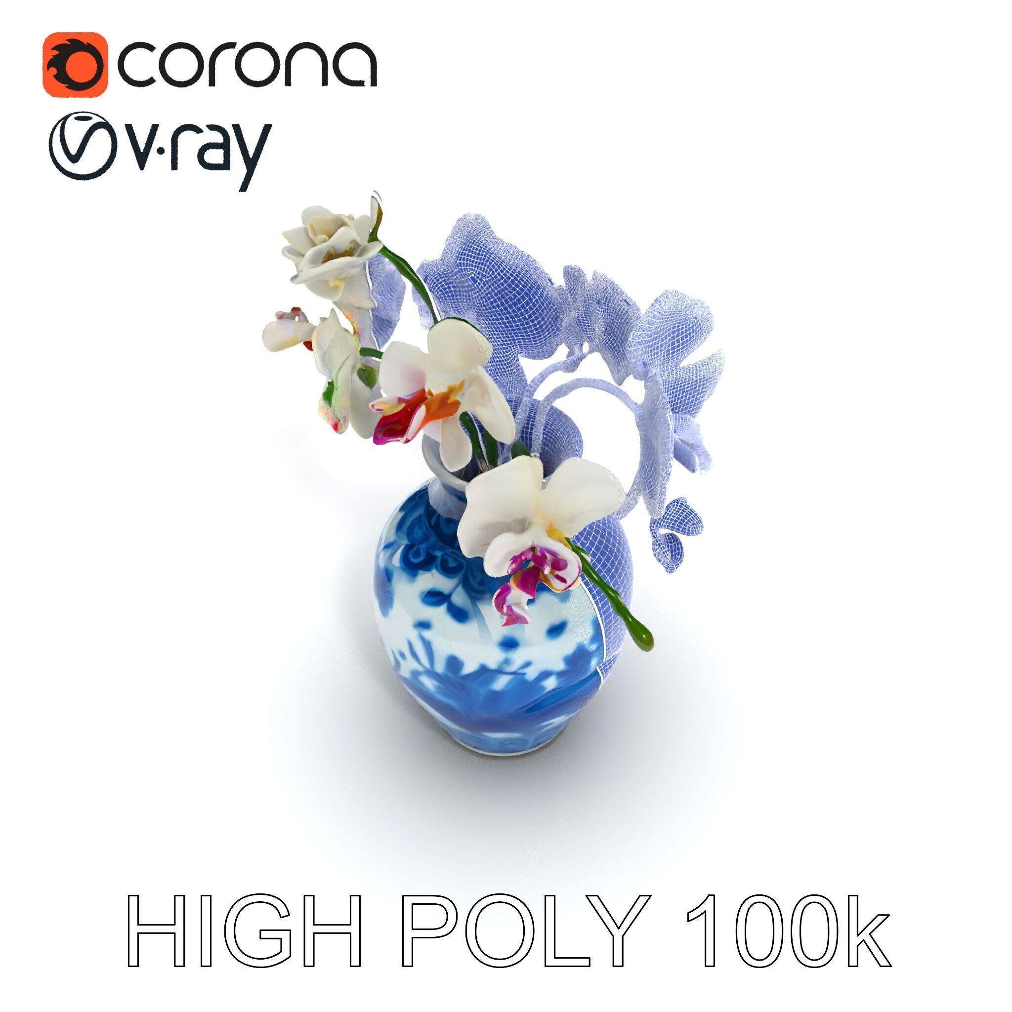 Elegant Blue Porcelain Vase with Orchids Model Pack Low-poly 3D model_8