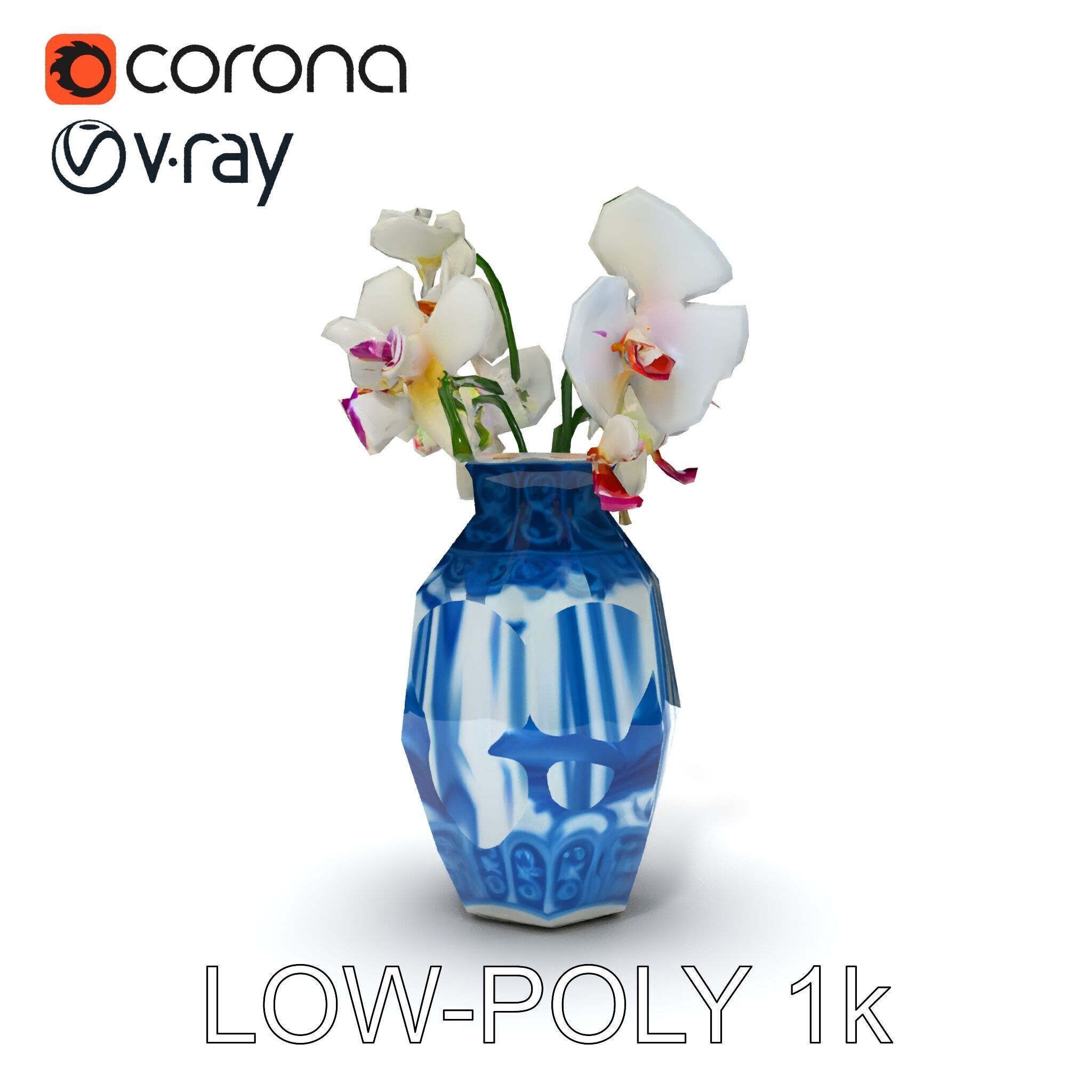 Elegant Blue Porcelain Vase with Orchids Model Pack Low-poly 3D model_13
