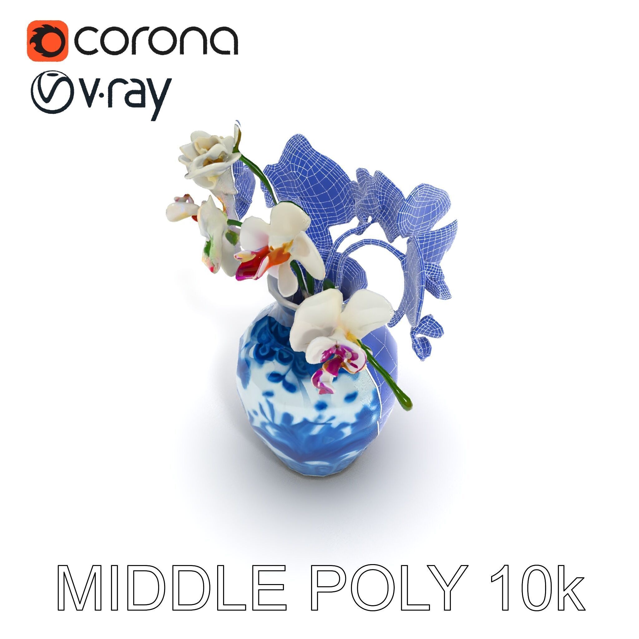 Elegant Blue Porcelain Vase with Orchids Model Pack Low-poly 3D model_23