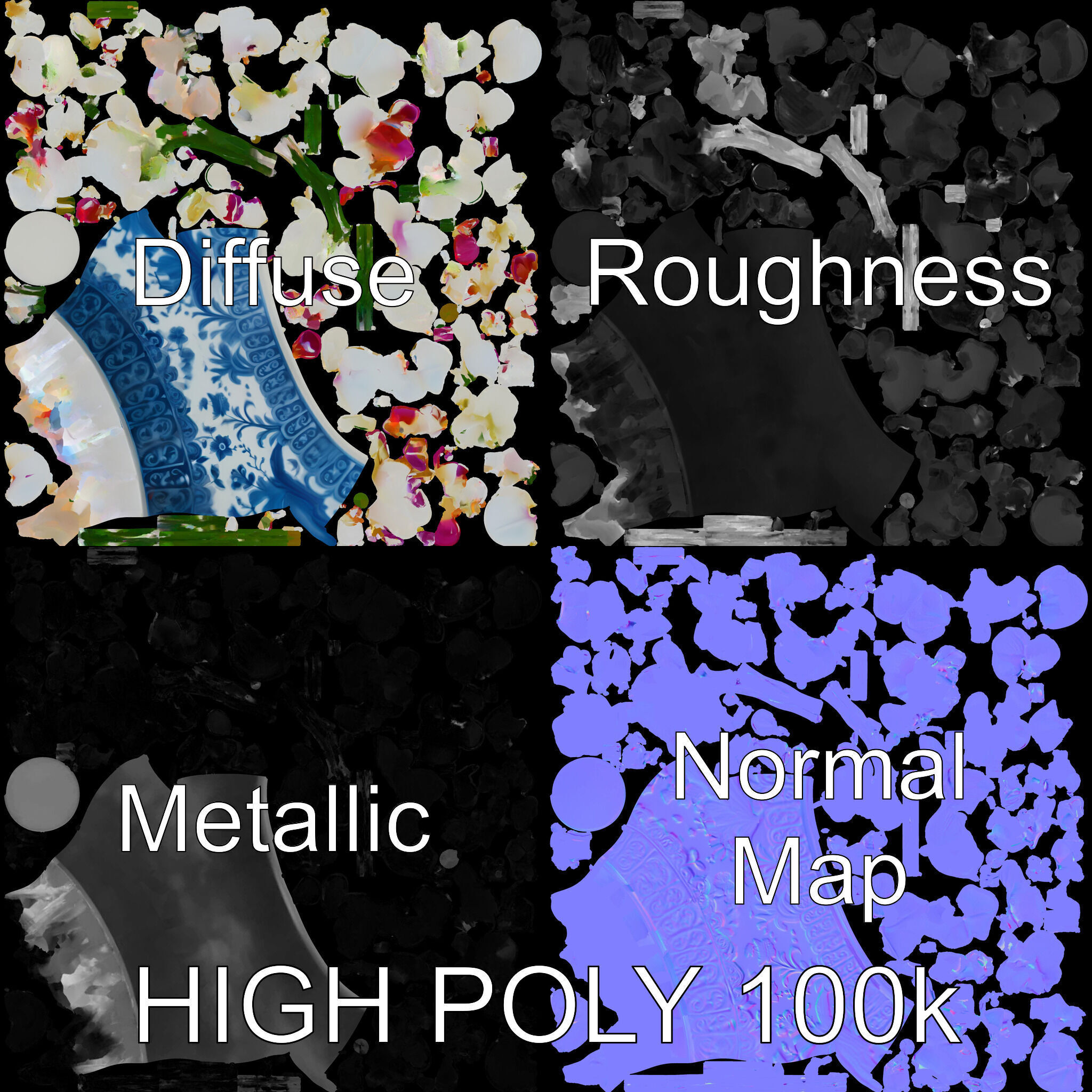 Elegant Blue Porcelain Vase with Orchids Model Pack Low-poly 3D model_2