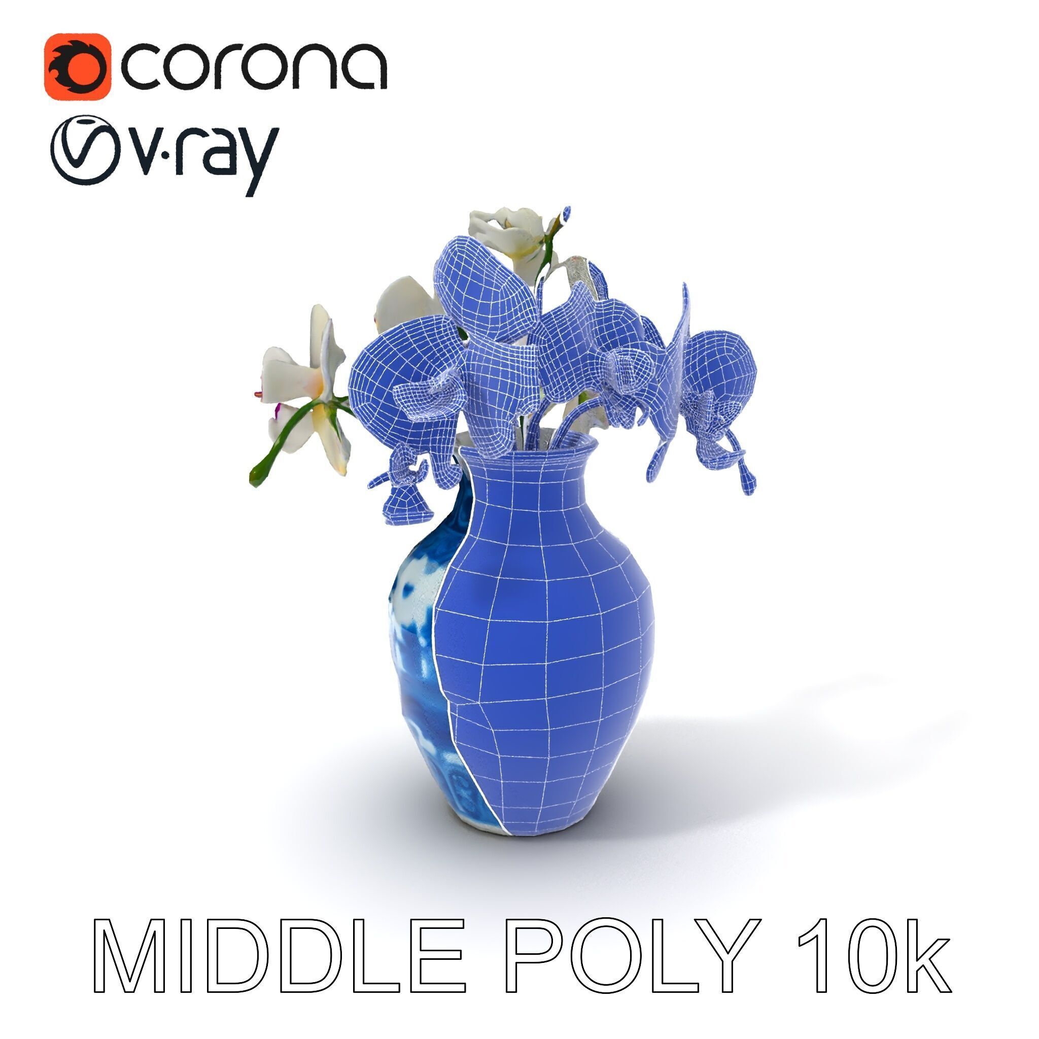 Elegant Blue Porcelain Vase with Orchids Model Pack Low-poly 3D model_12
