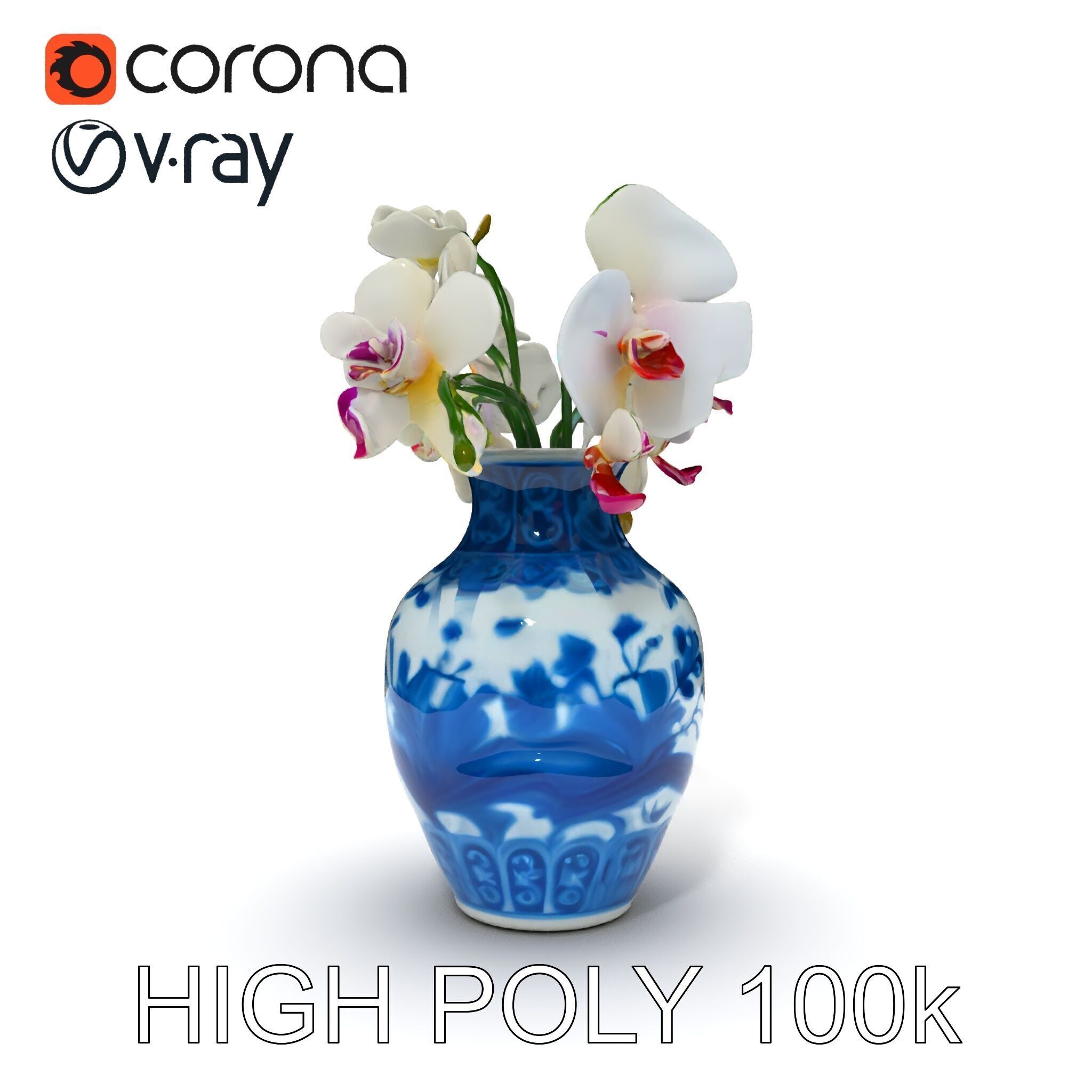 Elegant Blue Porcelain Vase with Orchids Model Pack Low-poly 3D model_14
