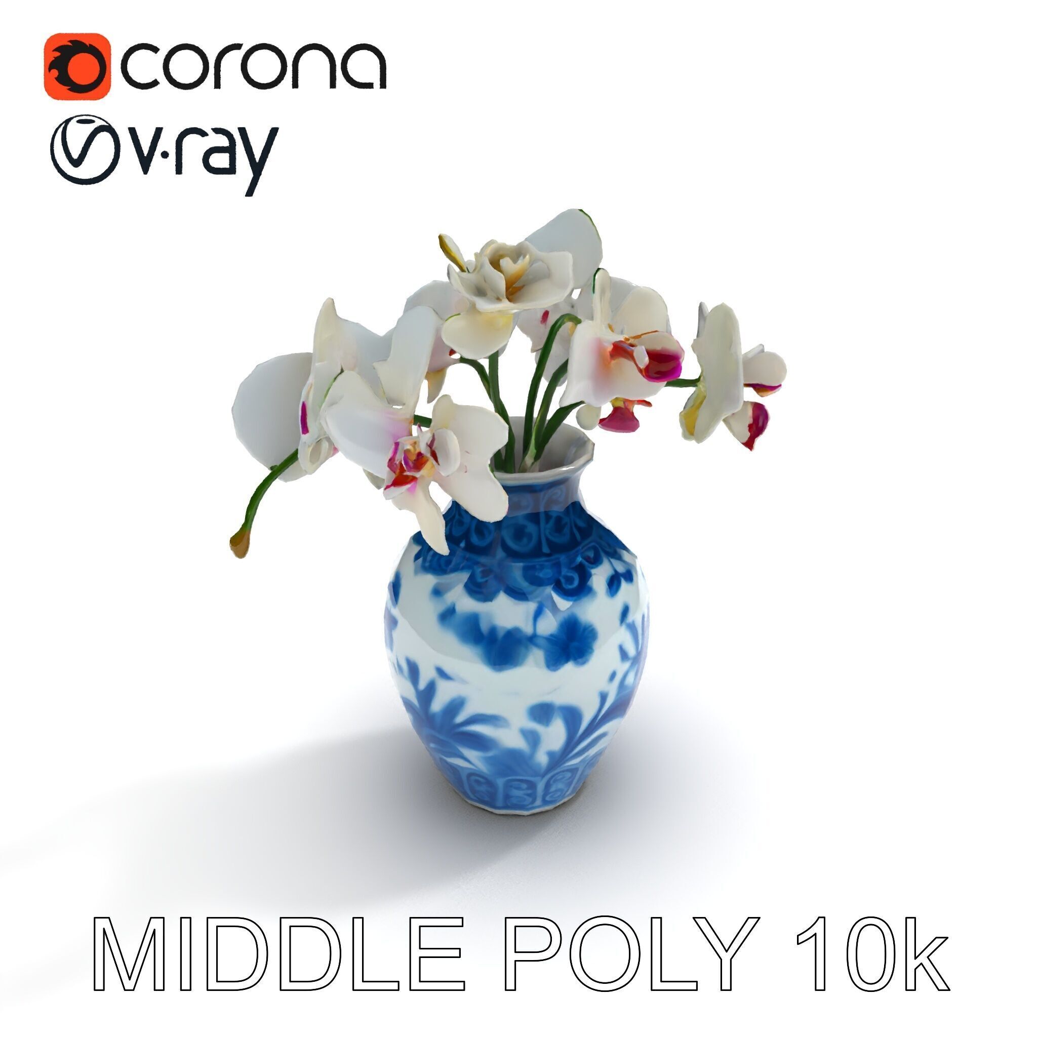 Elegant Blue Porcelain Vase with Orchids Model Pack Low-poly 3D model_30